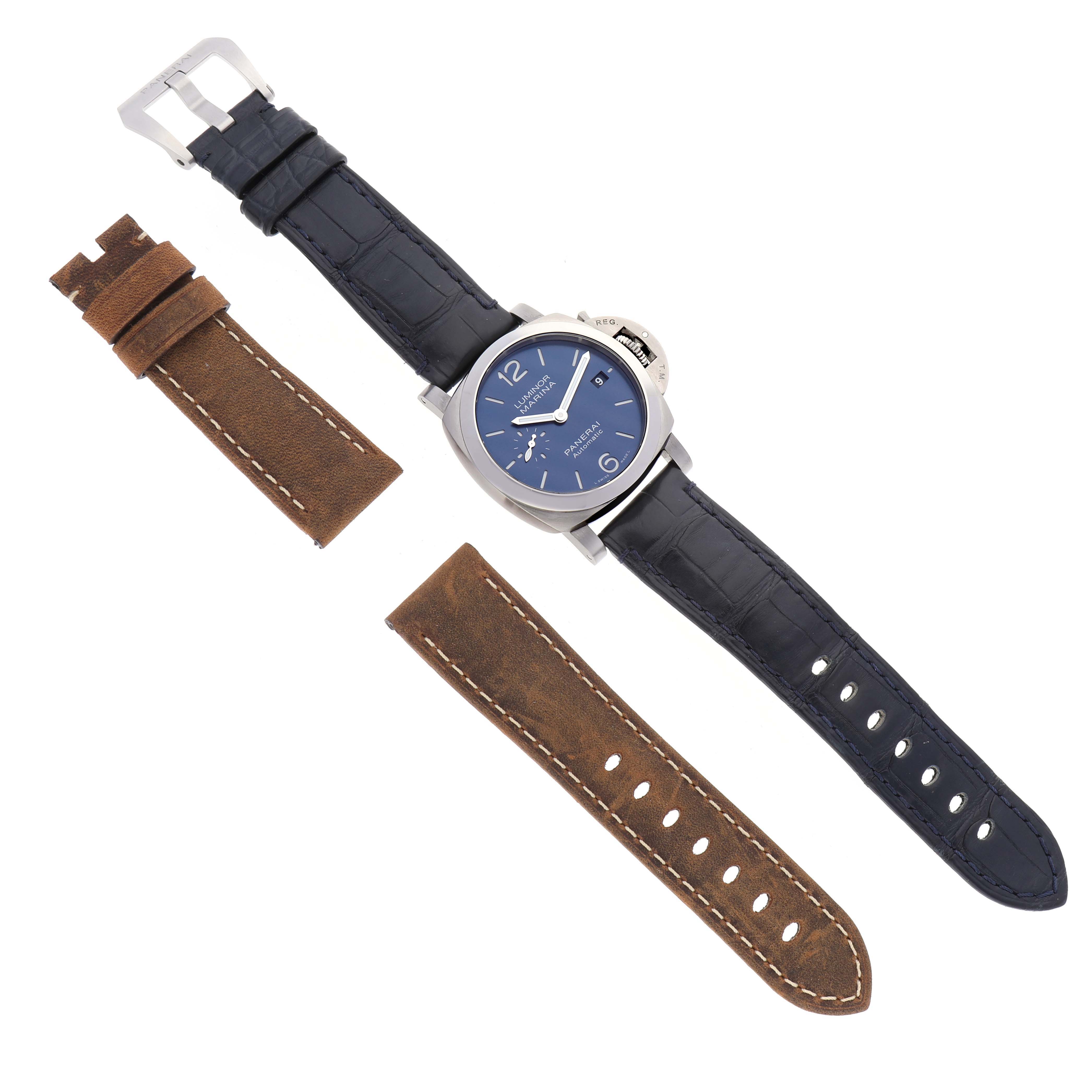 This image shows a Panerai Luminor PAM01270 Men's Stainless Steel Blue Dial PAM01270 Men's Stainless Steel Blue Dial watch with a blue dial and black strap, along with two additional brown leather straps.