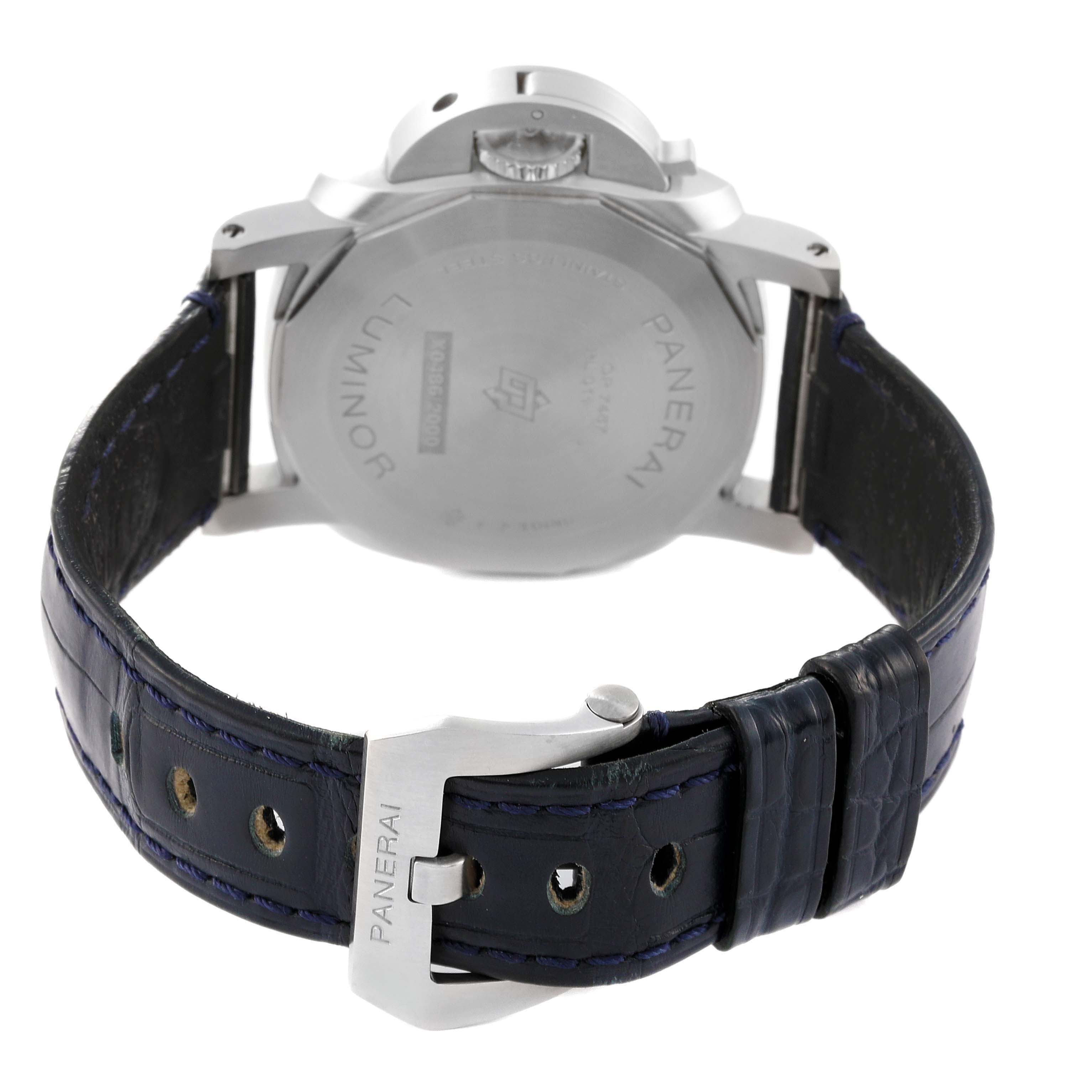 The image displays the back view of a Panerai Luminor PAM01270 Men's Stainless Steel Blue Dial PAM01270 Men's Stainless Steel Blue Dial watch, highlighting the case back and the leather strap with its buckle.