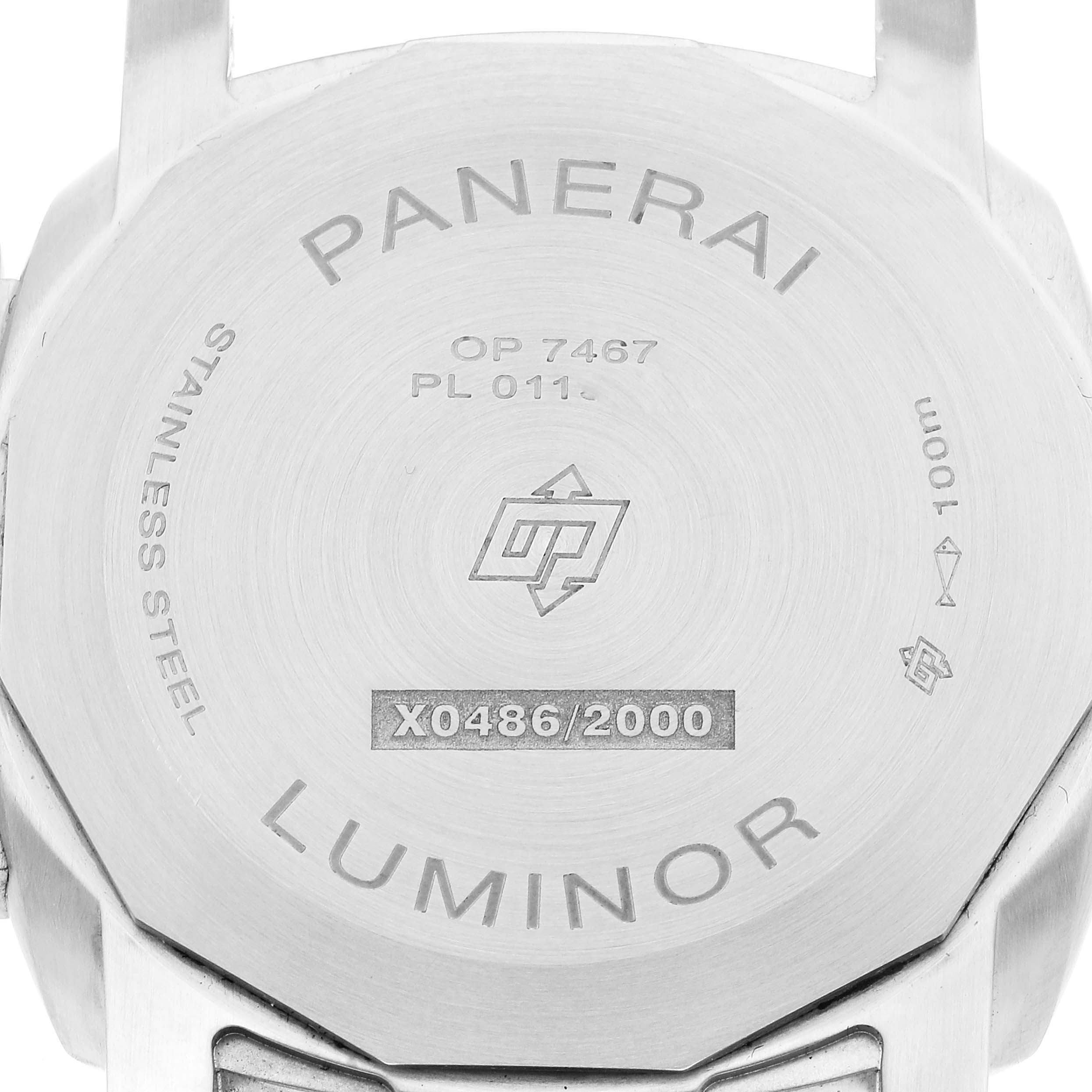 This image shows the case back of a Panerai Luminor PAM01270 Men's Stainless Steel Blue Dial PAM01270 Men's Stainless Steel Blue Dial watch, with engraved details and model information.