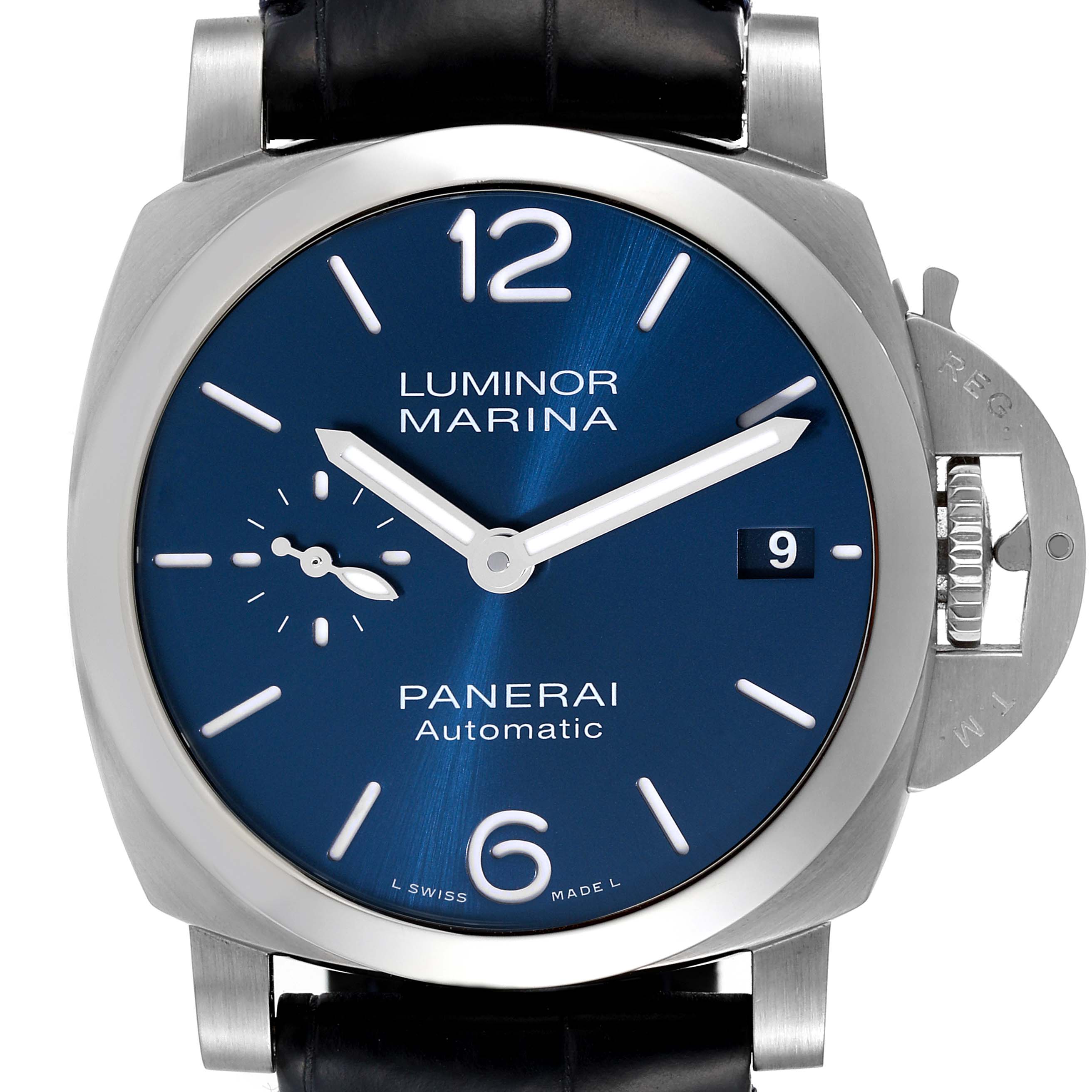 This image shows a front view of a Panerai Luminor PAM01270 Men's Stainless Steel Blue Dial PAM01270 Men's Stainless Steel Blue Dial Marina watch with a blue dial and black strap.