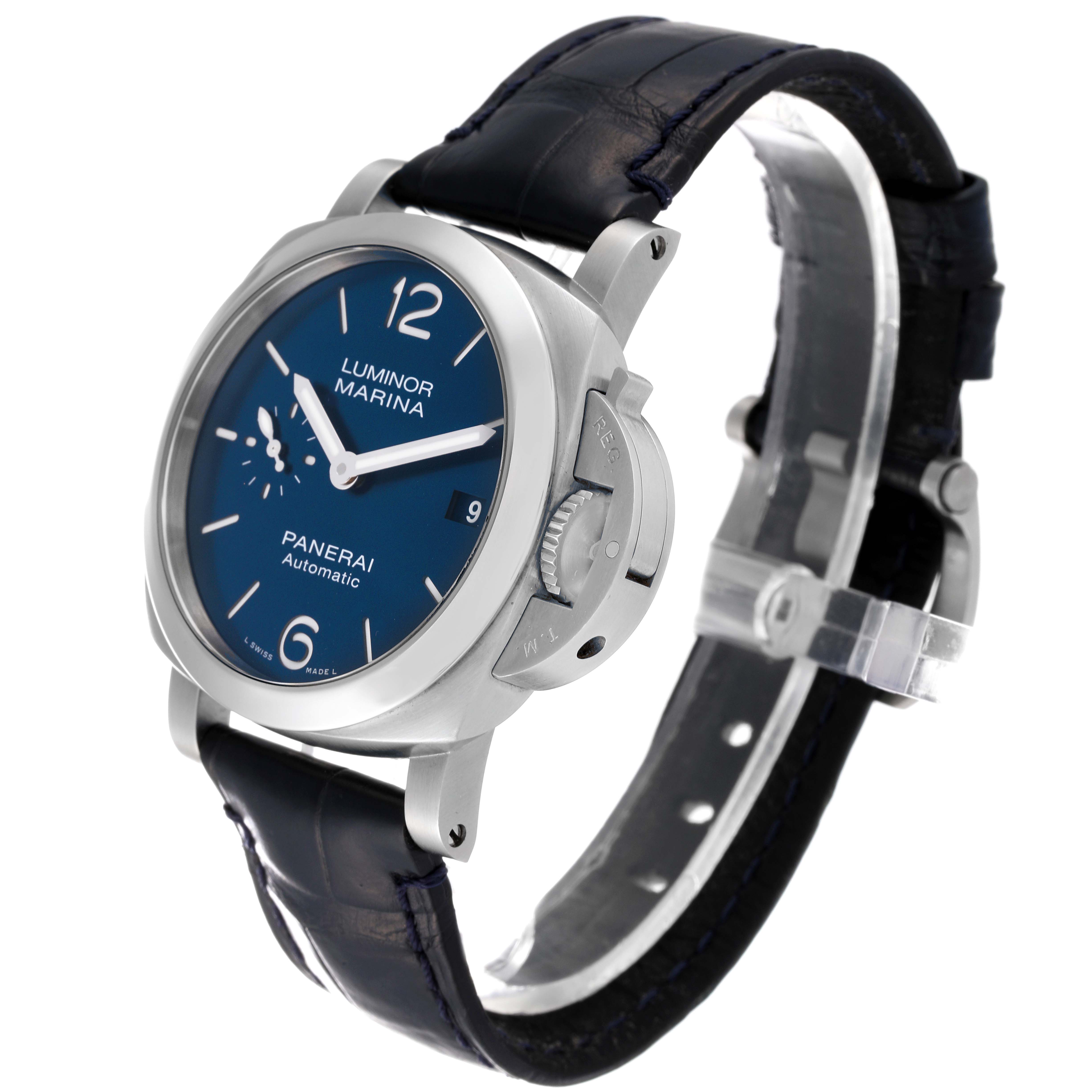 The image shows a Panerai Luminor PAM01270 Men's Stainless Steel Blue Dial PAM01270 Men's Stainless Steel Blue Dial Marina watch at a three-quarter angle, highlighting the face, crown guard, and leather strap.