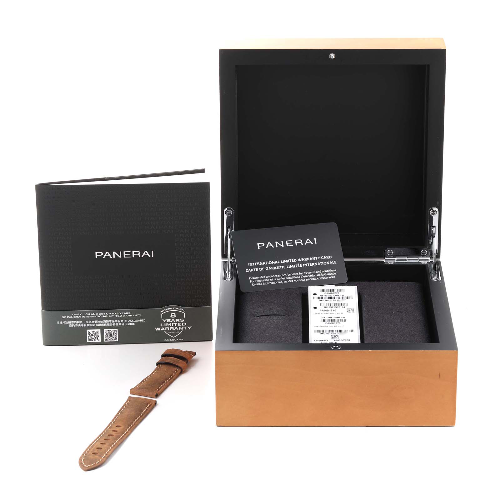 The image shows a Panerai Luminor PAM01270 Men's Stainless Steel Blue Dial PAM01270 Men's Stainless Steel Blue Dial watch box, warranty card, booklet, and a brown leather strap.