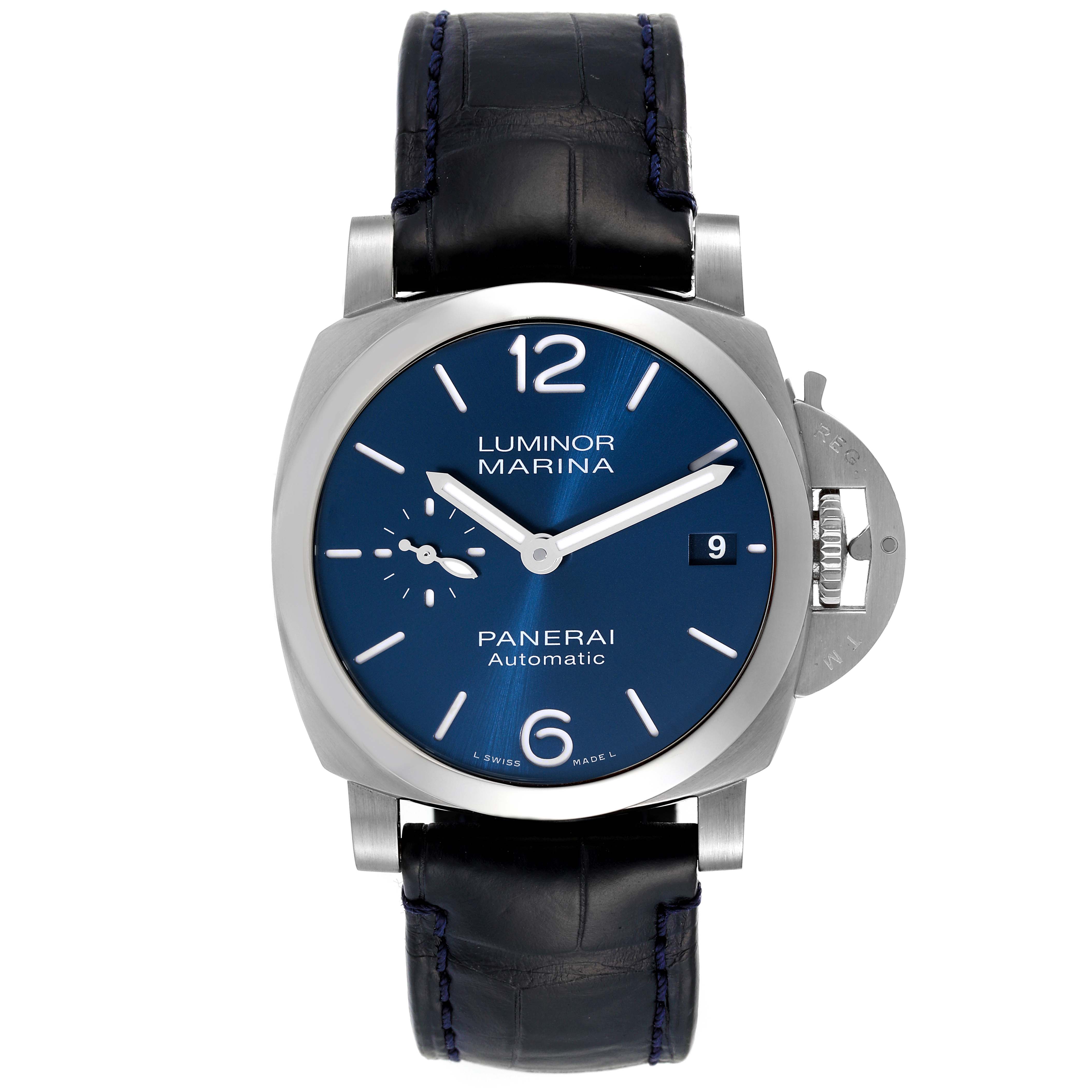 The image shows a frontal view of a Panerai Luminor PAM01270 Men's Stainless Steel Blue Dial PAM01270 Men's Stainless Steel Blue Dial Marina watch with a blue dial and black leather strap.