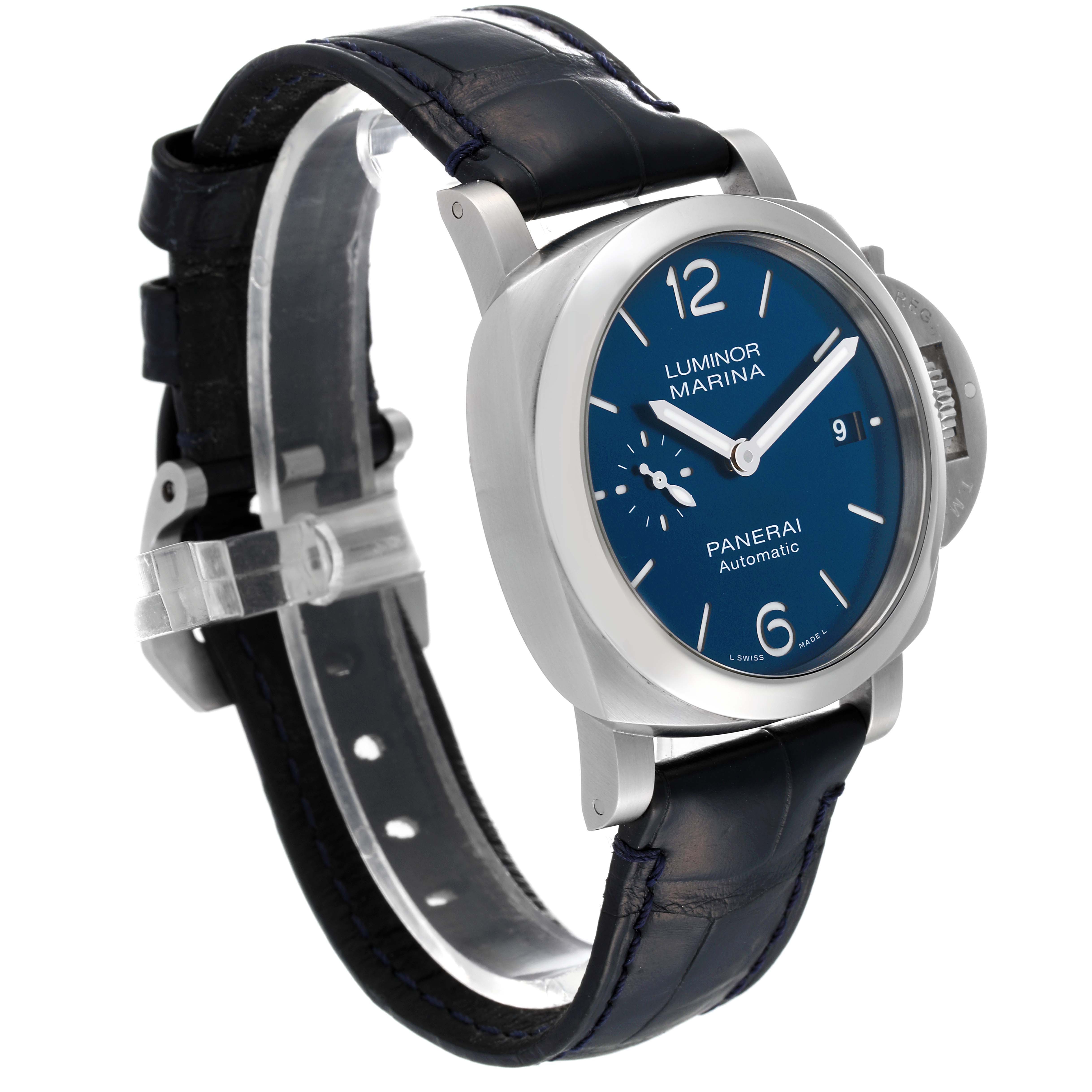 The image shows a side angle of the Panerai Luminor PAM01270 Men's Stainless Steel Blue Dial PAM01270 Men's Stainless Steel Blue Dial Marina watch, featuring its face, case, crown guard, and leather strap.