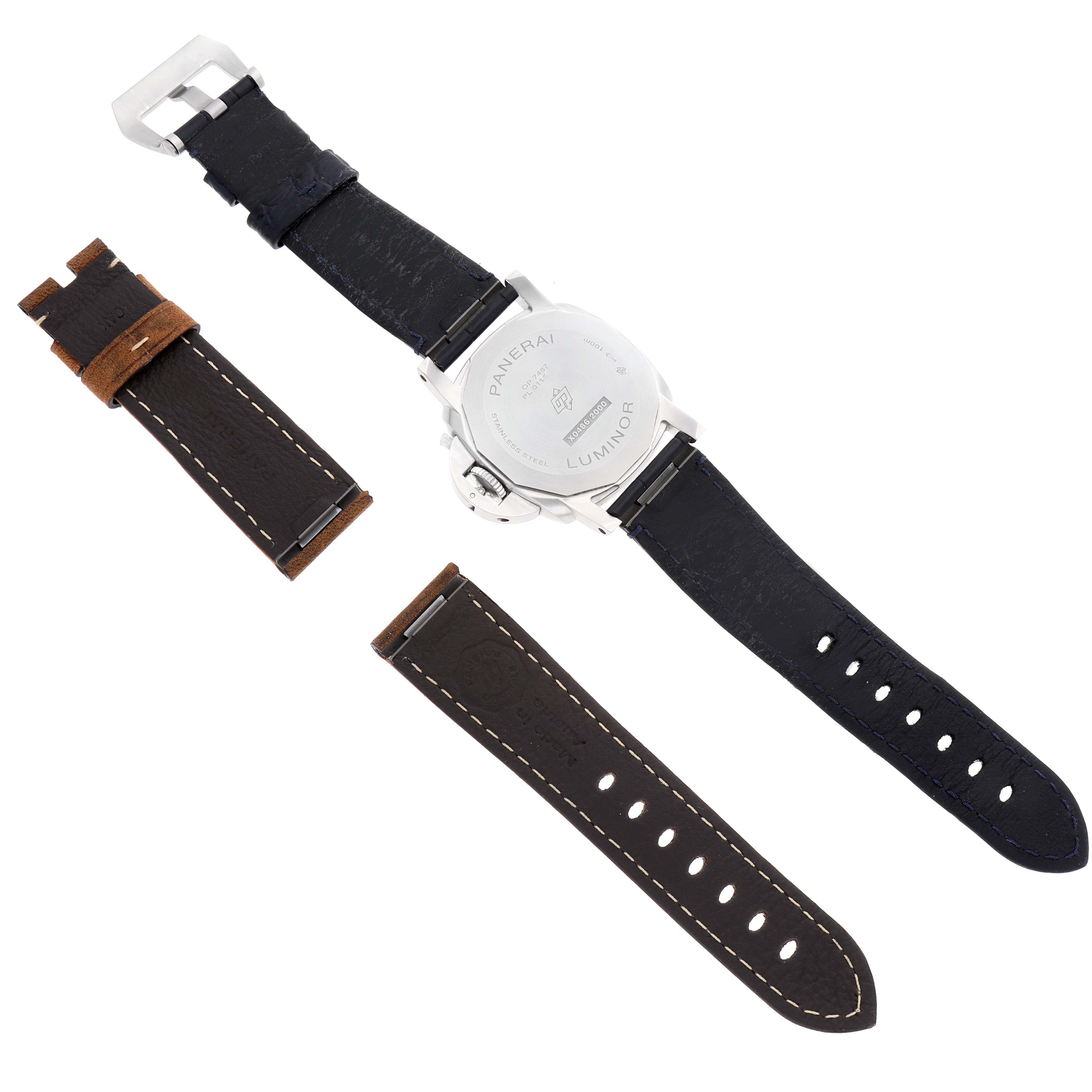 The image shows the back of a Panerai Luminor PAM01270 Men's Stainless Steel Blue Dial PAM01270 Men's Stainless Steel Blue Dial watch with detached leather straps, including an additional strap option.