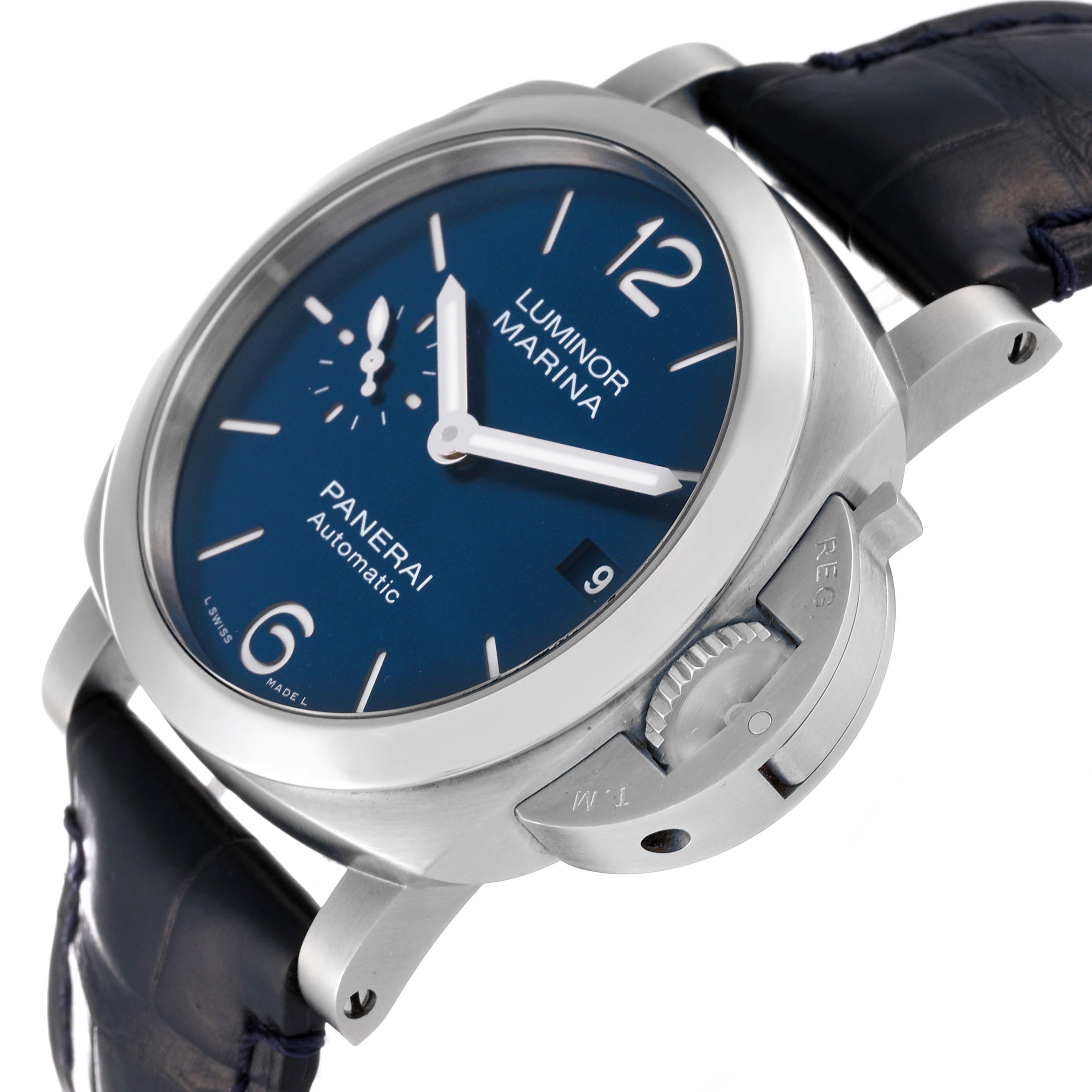 The image shows a tilted front angle of the Panerai Luminor PAM01270 Men's Stainless Steel Blue Dial PAM01270 Men's Stainless Steel Blue Dial Marina watch, highlighting its face and the crown protection mechanism.