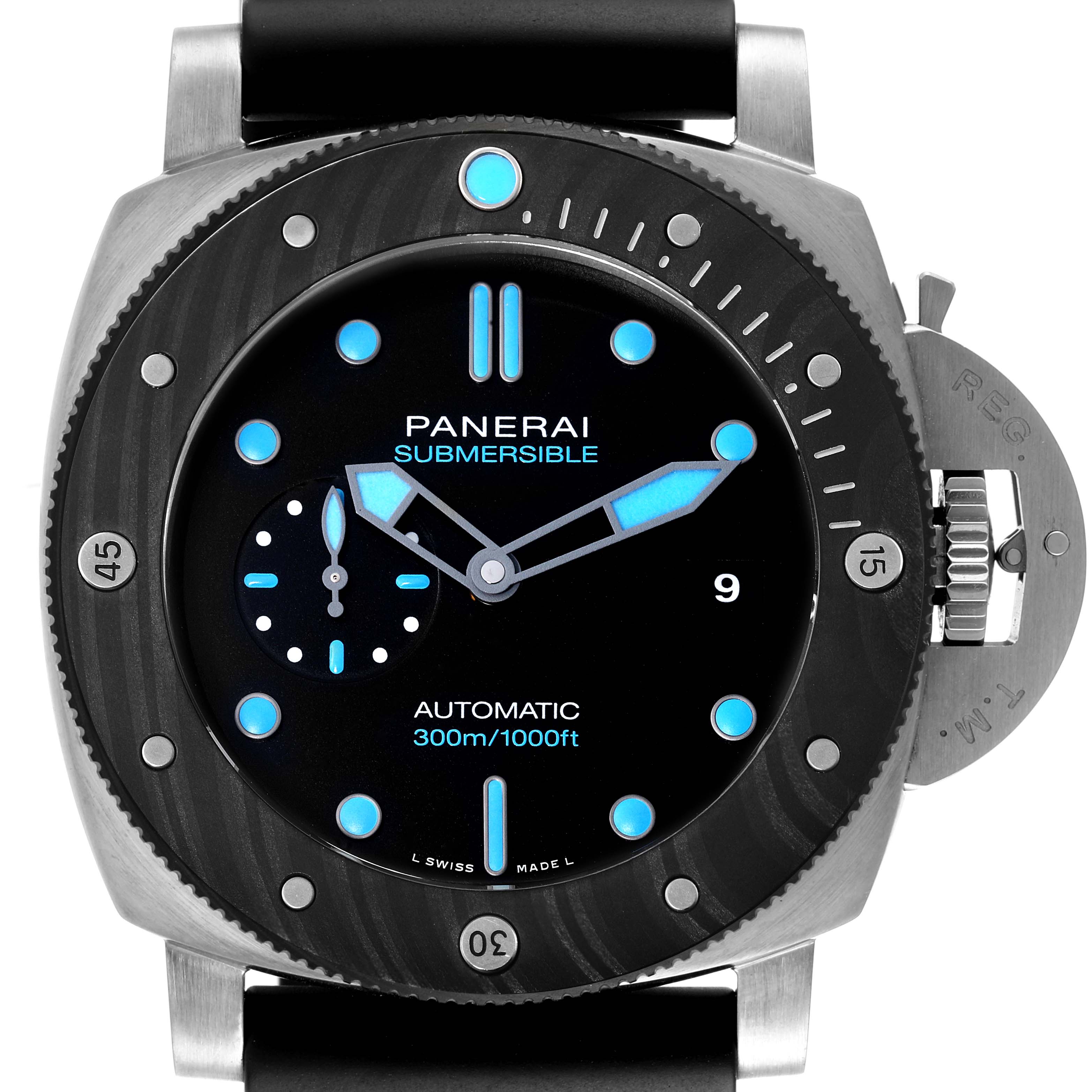 The image shows a front view of a Panerai Luminor PAM00799 Men's Stainless Steel Black Dial PAM00799 Men's Stainless Steel Black Dial Submersible watch, highlighting the dial, bezel, and crown guard.