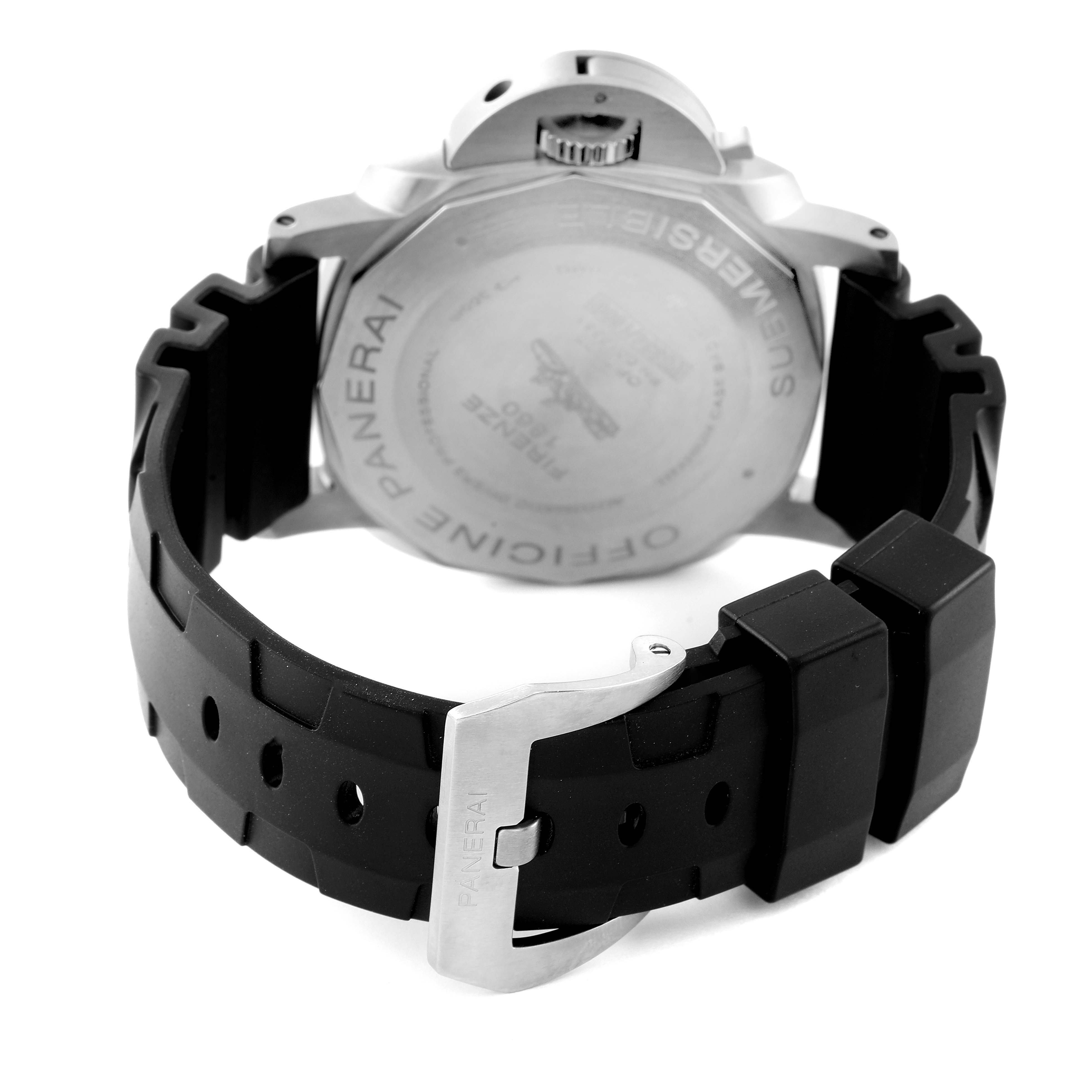 The image shows the back, crown, and clasp of the Panerai Luminor PAM00799 Men's Stainless Steel Black Dial PAM00799 Men's Stainless Steel Black Dial watch, with a focus on the strap and case back.