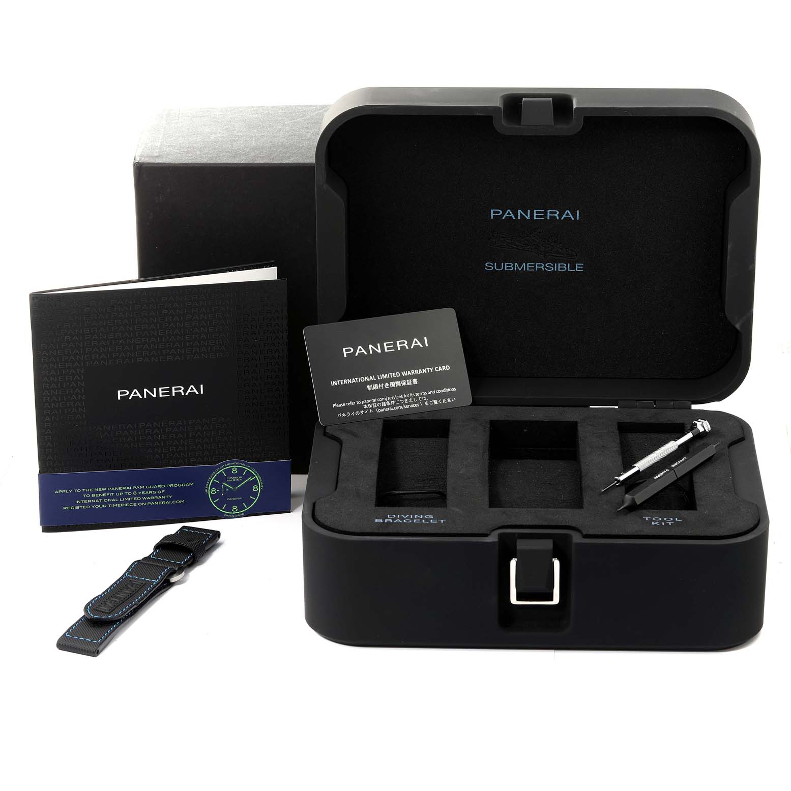 This image shows the box, manuals, international warranty card, a strap, and tools for a Panerai Luminor PAM00799 Men's Stainless Steel Black Dial PAM00799 Men's Stainless Steel Black Dial Submersible watch.