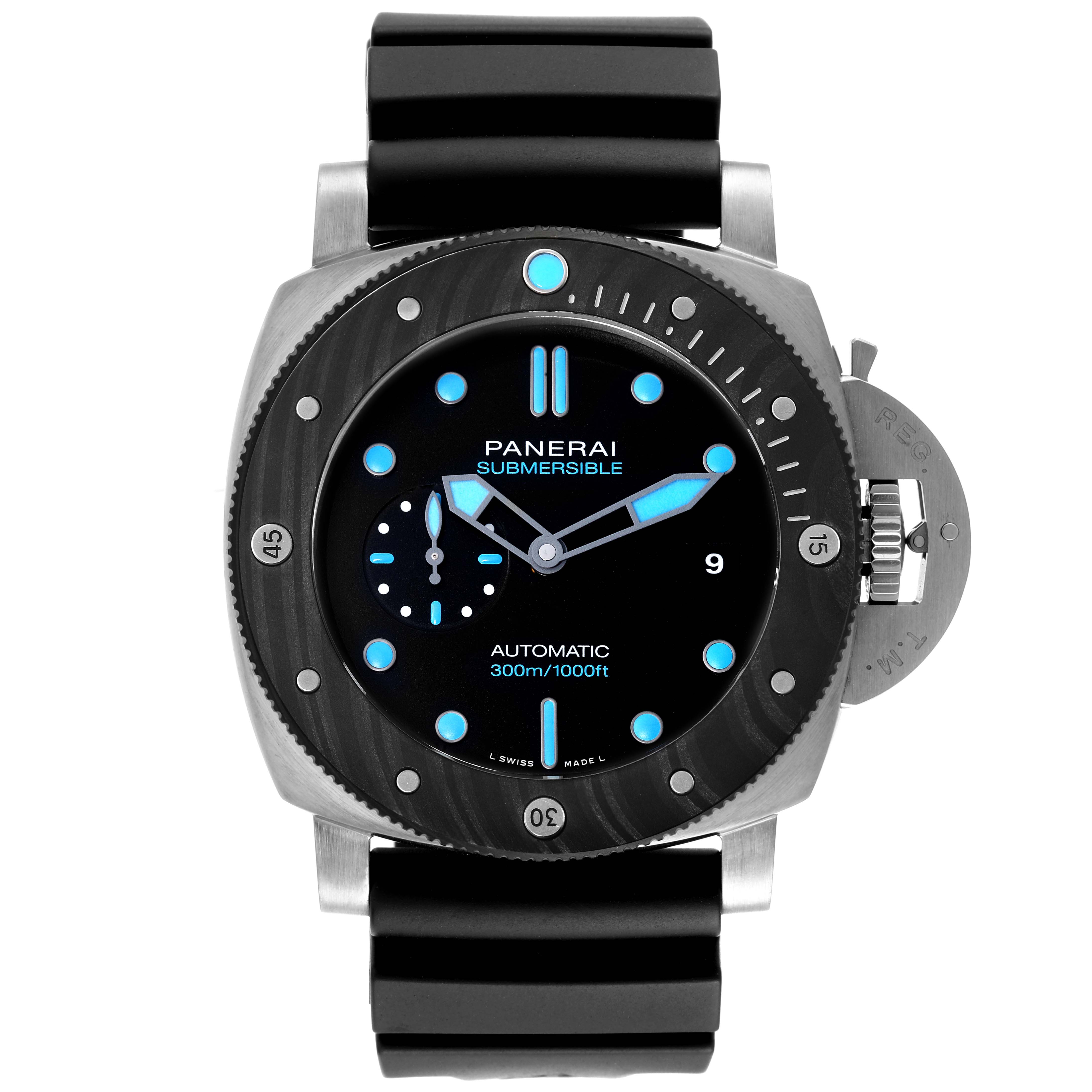 The image shows a Panerai Luminor PAM00799 Men's Stainless Steel Black Dial PAM00799 Men's Stainless Steel Black Dial Submersible watch from a front angle, displaying its dial, bezel, and strap.