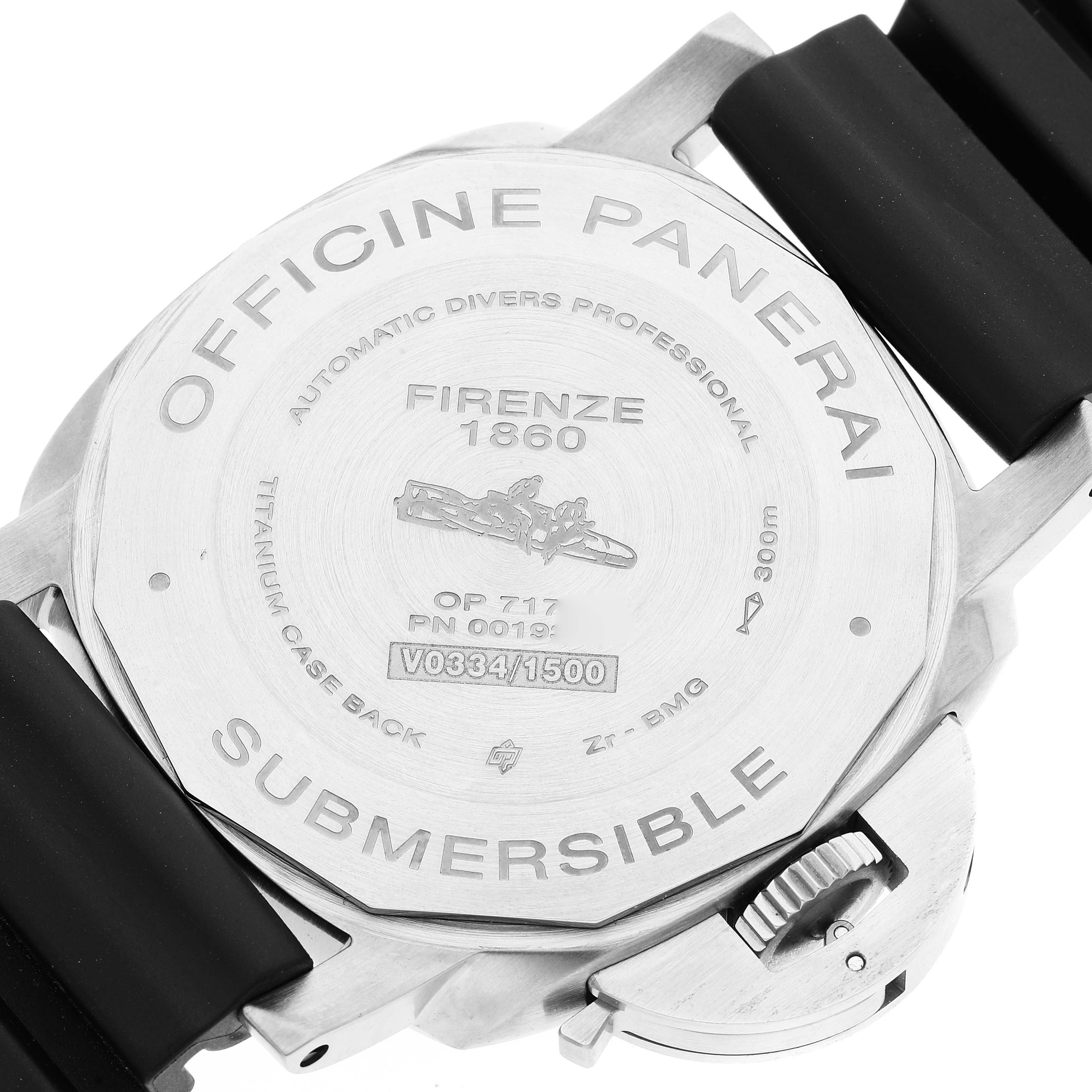 The image shows the back of a Panerai Luminor PAM00799 Men's Stainless Steel Black Dial PAM00799 Men's Stainless Steel Black Dial Submersible watch, displaying its engravings and the rubber strap attachment.