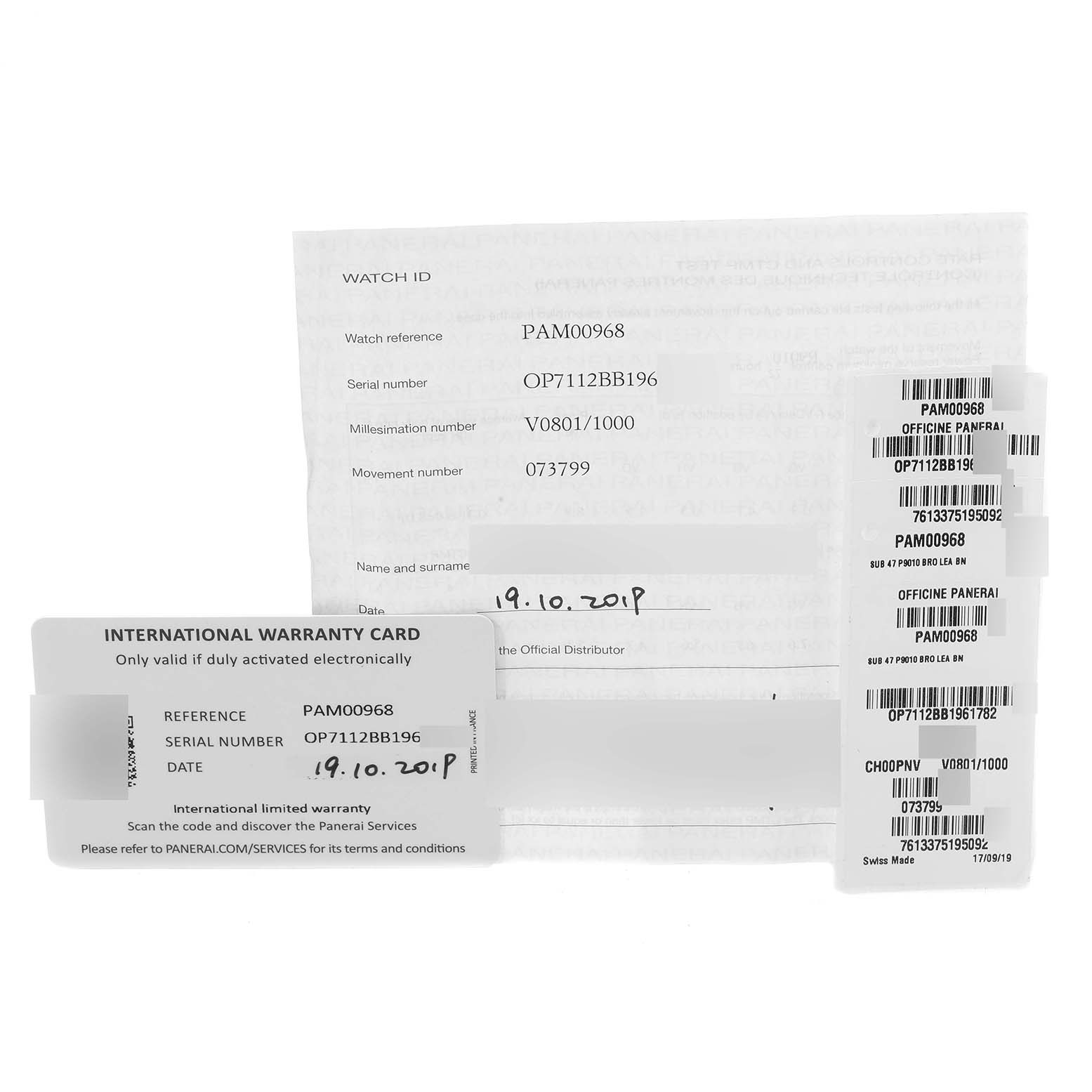 The image shows documents and tags for a Panerai Submersible PAM00968 Men's Bronze Brown Dial PAM00968 Men's Bronze Brown Dial PAM00968 watch, including an international warranty card and barcoded tags.