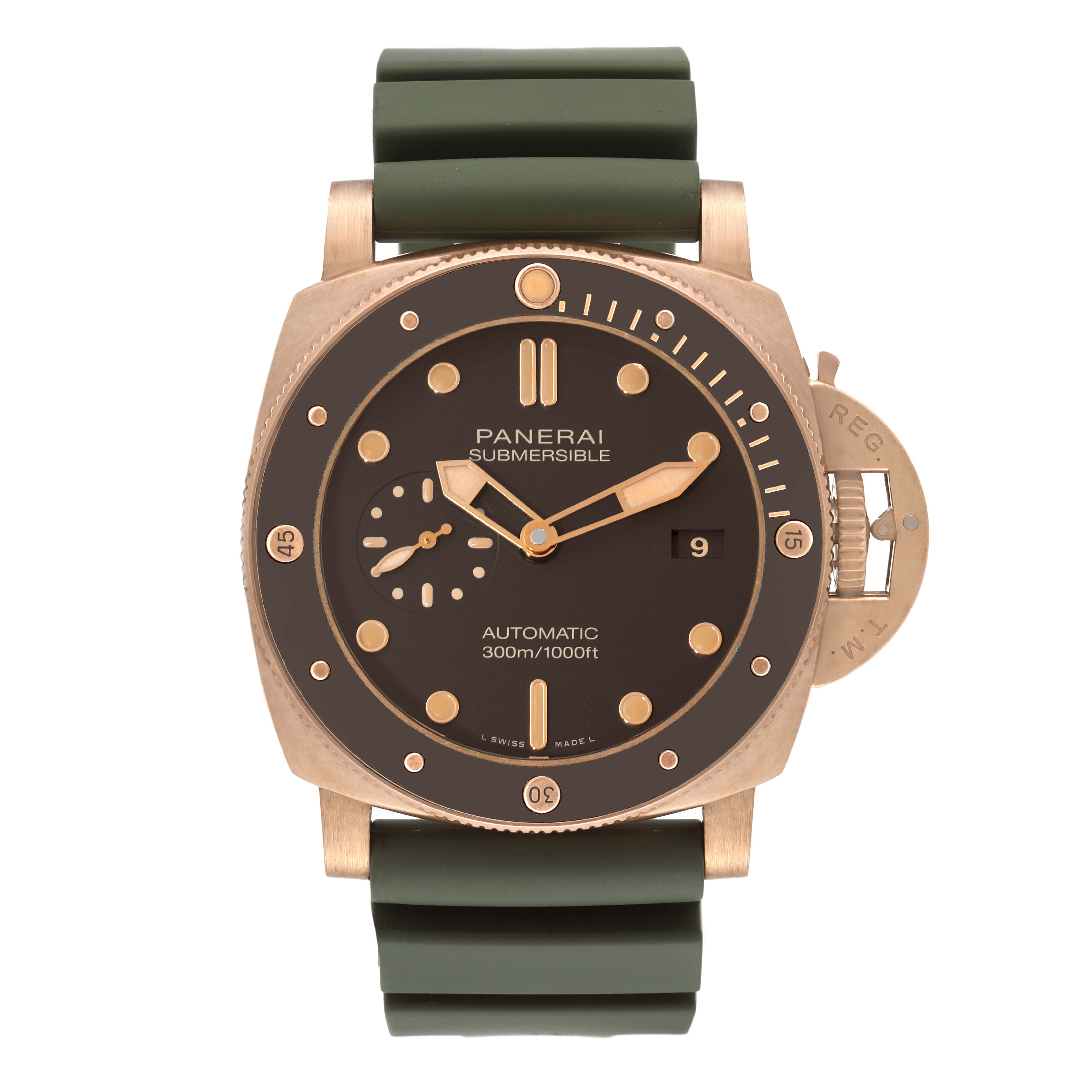The image shows a Panerai Submersible PAM00968 Men's Bronze Brown Dial PAM00968 Men's Bronze Brown Dial watch, front view, displaying its round face, luminous markers, and green strap.