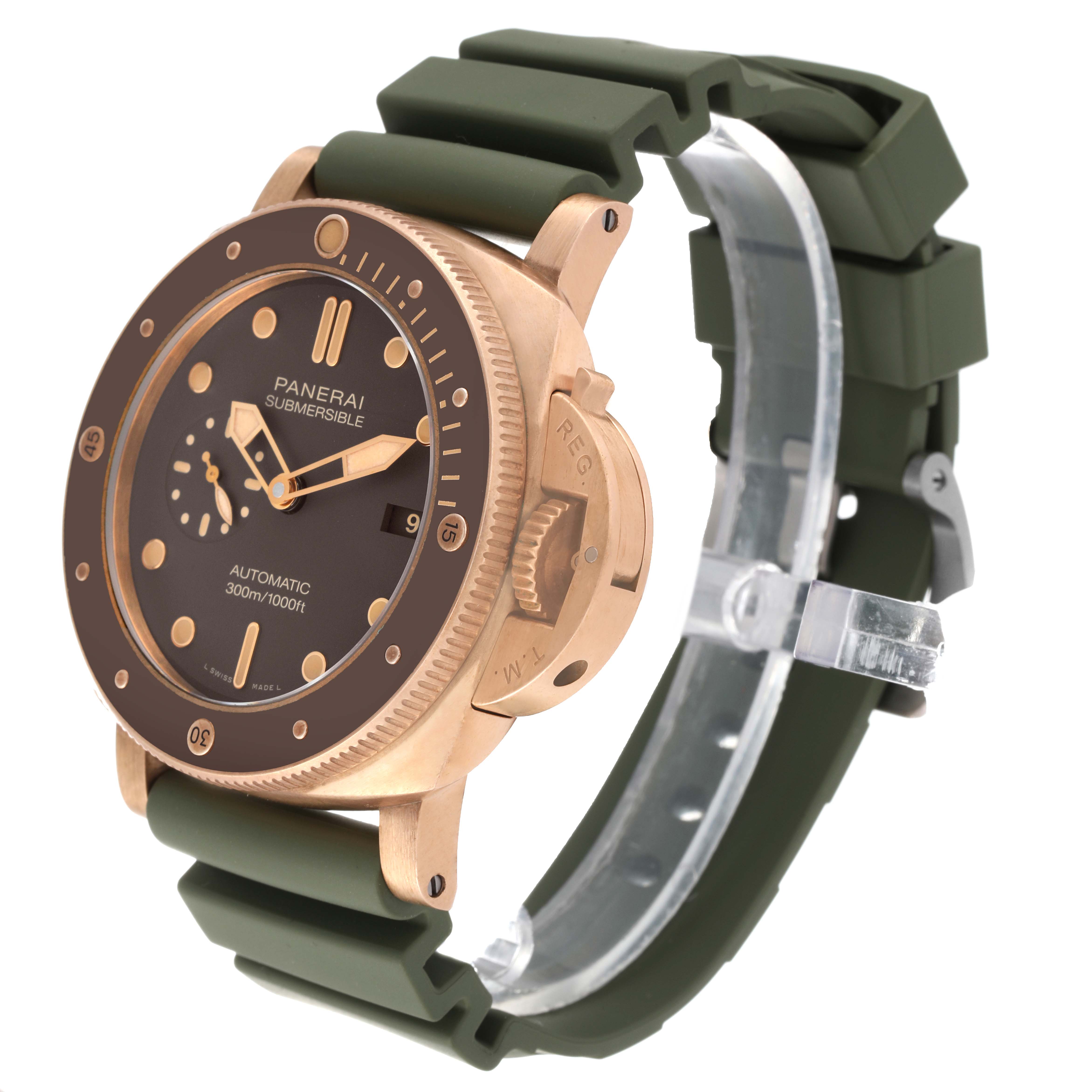 The Panerai Submersible PAM00968 Men's Bronze Brown Dial PAM00968 Men's Bronze Brown Dial watch is shown at a three-quarter angle, highlighting the face, case, and green rubber strap.