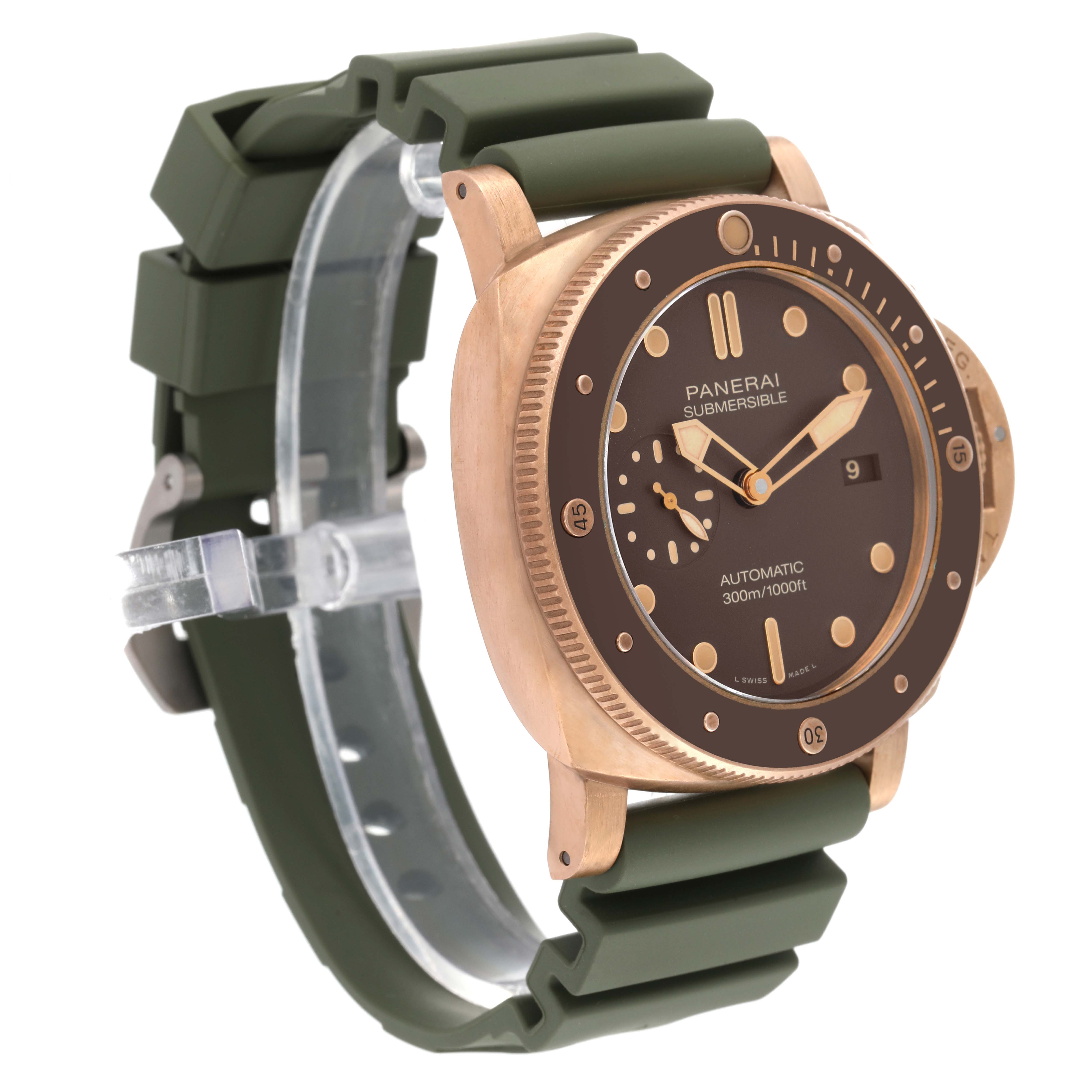 This image shows a Panerai Submersible PAM00968 Men's Bronze Brown Dial PAM00968 Men's Bronze Brown Dial watch at a three-quarter angle, highlighting the front face, bezel, and green strap.