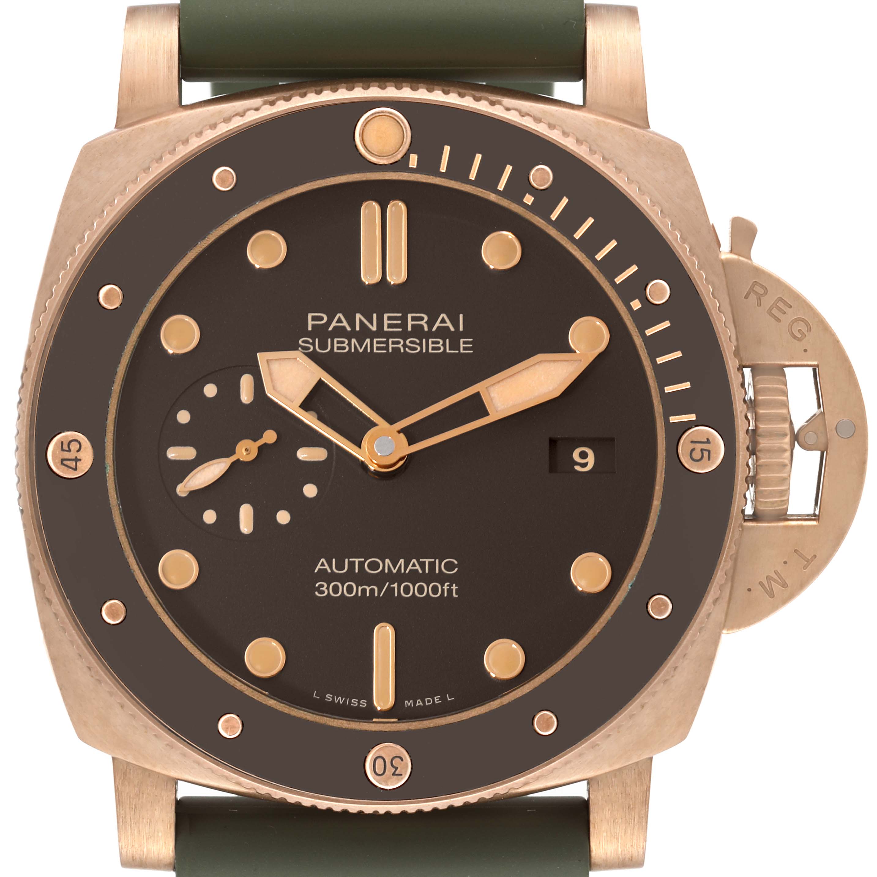 The image shows a front view of the Panerai Submersible PAM00968 Men's Bronze Brown Dial PAM00968 Men's Bronze Brown Dial watch, highlighting the dial, bezel, hands, crown guard, and strap attachments.