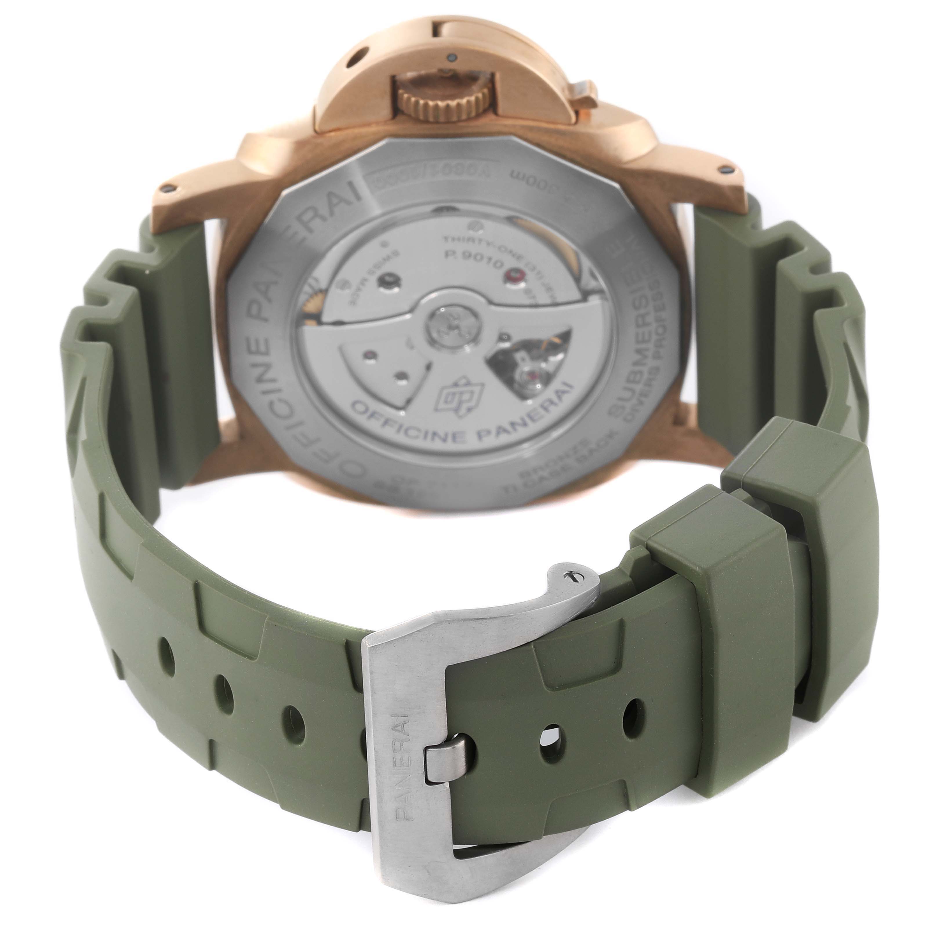 The image shows the back view of a Panerai Submersible PAM00968 Men's Bronze Brown Dial PAM00968 Men's Bronze Brown Dial watch, featuring the case back, green strap, and buckle.
