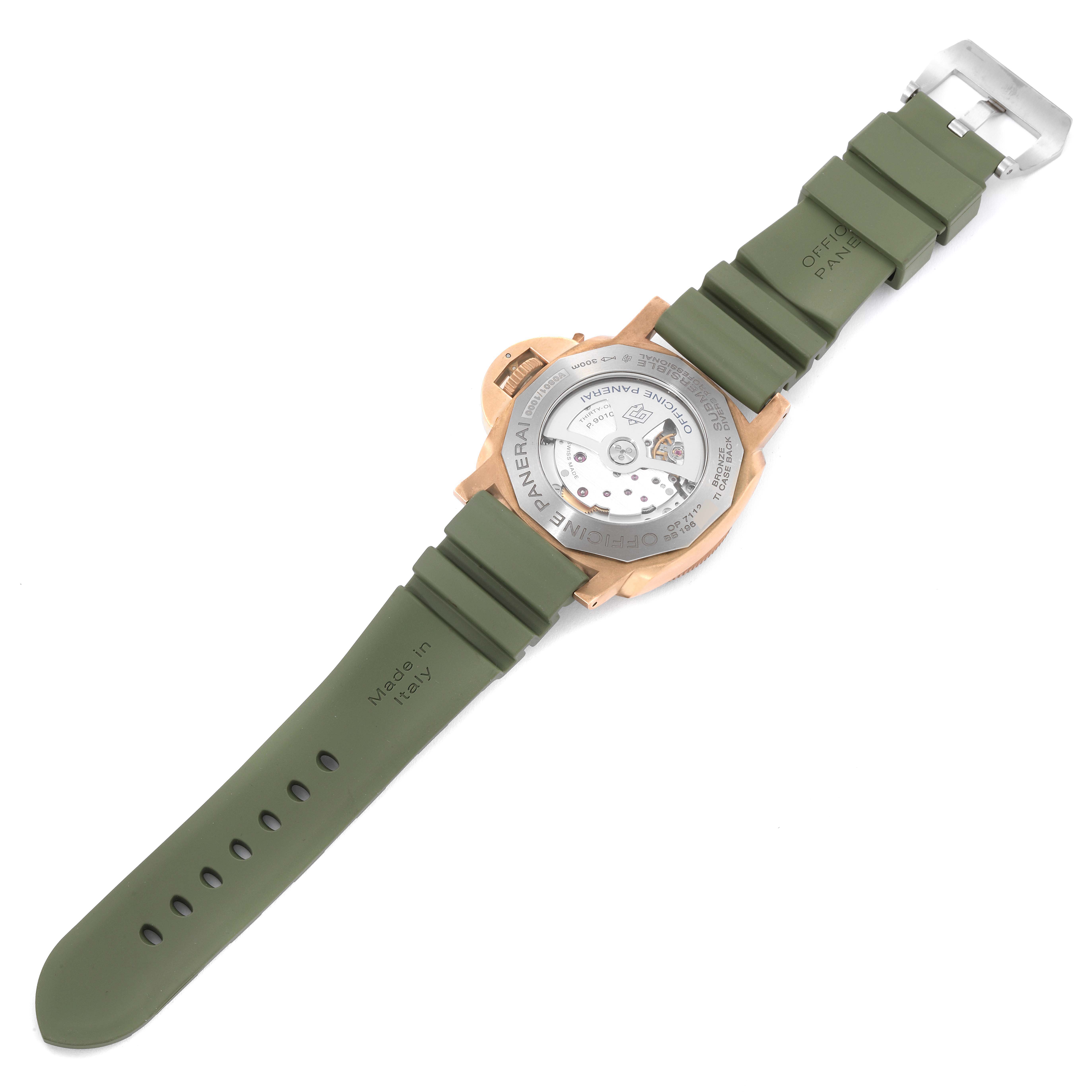 This image shows the case back and strap of a Panerai Submersible PAM00968 Men's Bronze Brown Dial PAM00968 Men's Bronze Brown Dial watch from a top-down angle.