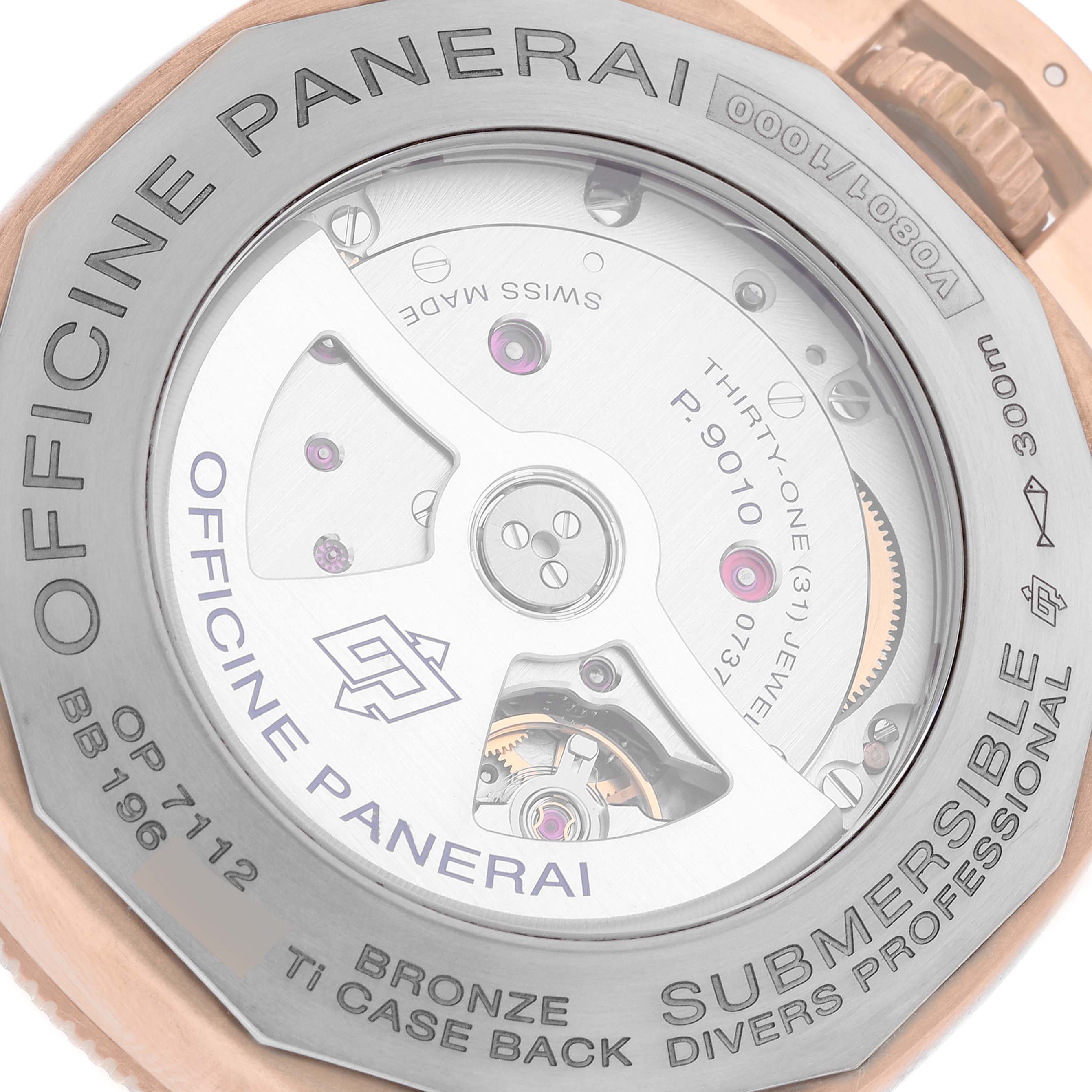 The image shows the back of a Panerai Submersible PAM00968 Men's Bronze Brown Dial PAM00968 Men's Bronze Brown Dial watch, highlighting its internal mechanism and engraved details.