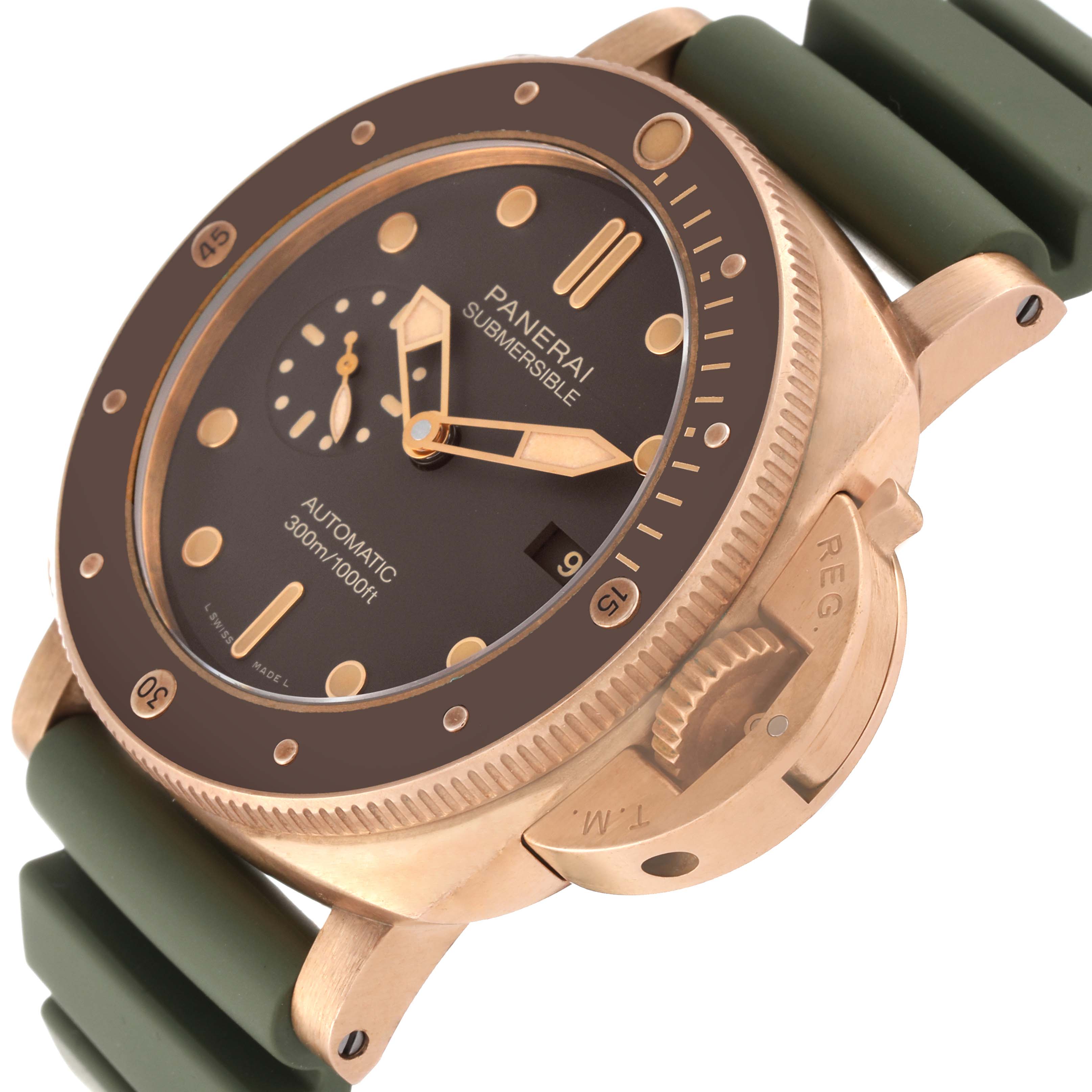 The image shows a Panerai Submersible PAM00968 Men's Bronze Brown Dial PAM00968 Men's Bronze Brown Dial watch at an oblique angle highlighting the dial, bezel, and crown guard, with a green strap attachment.