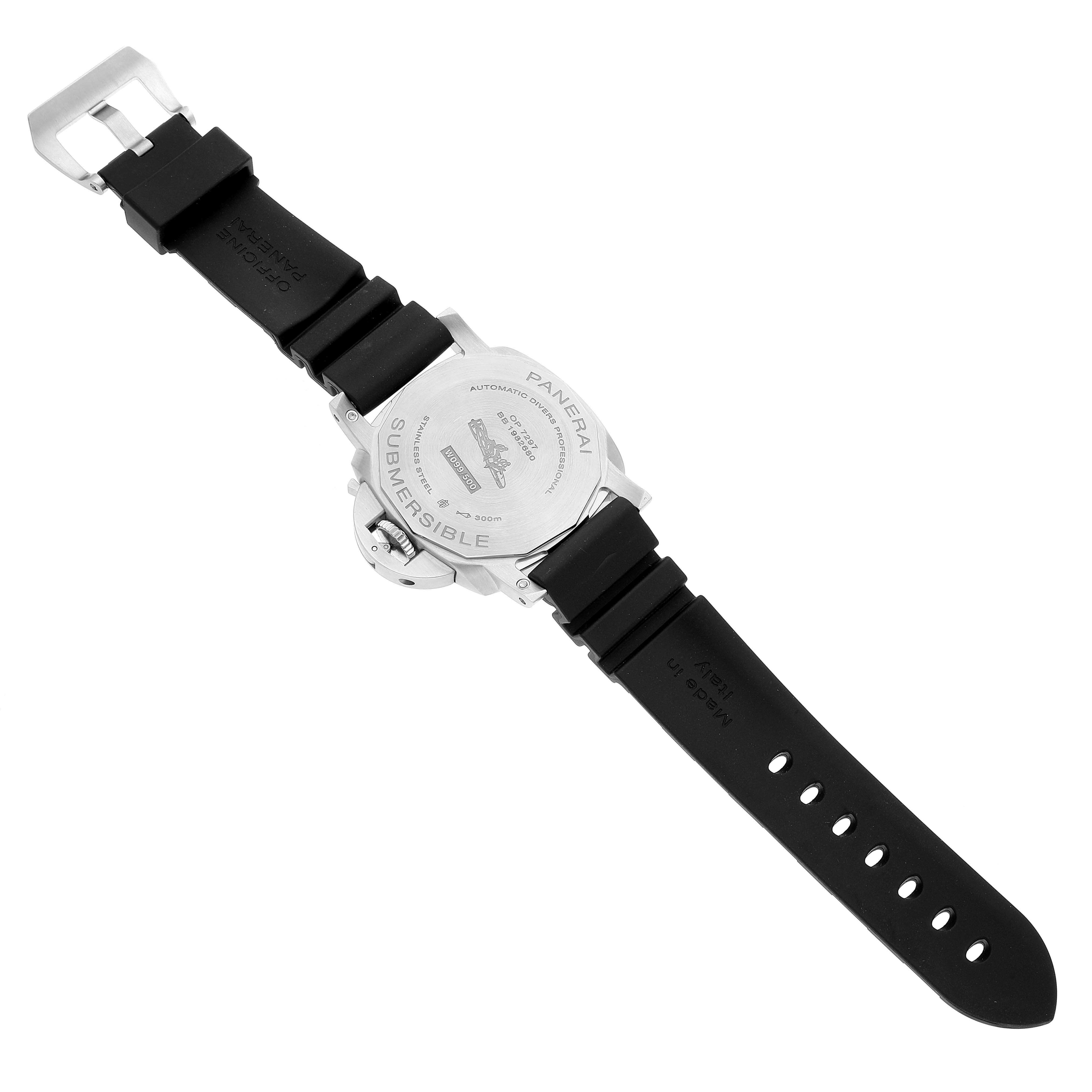 The image shows the back of the Panerai Submersible PAM01209 Men's Stainless Steel Black Dial PAM01209 Men's Stainless Steel Black Dial watch, including the case back, strap, and buckle.