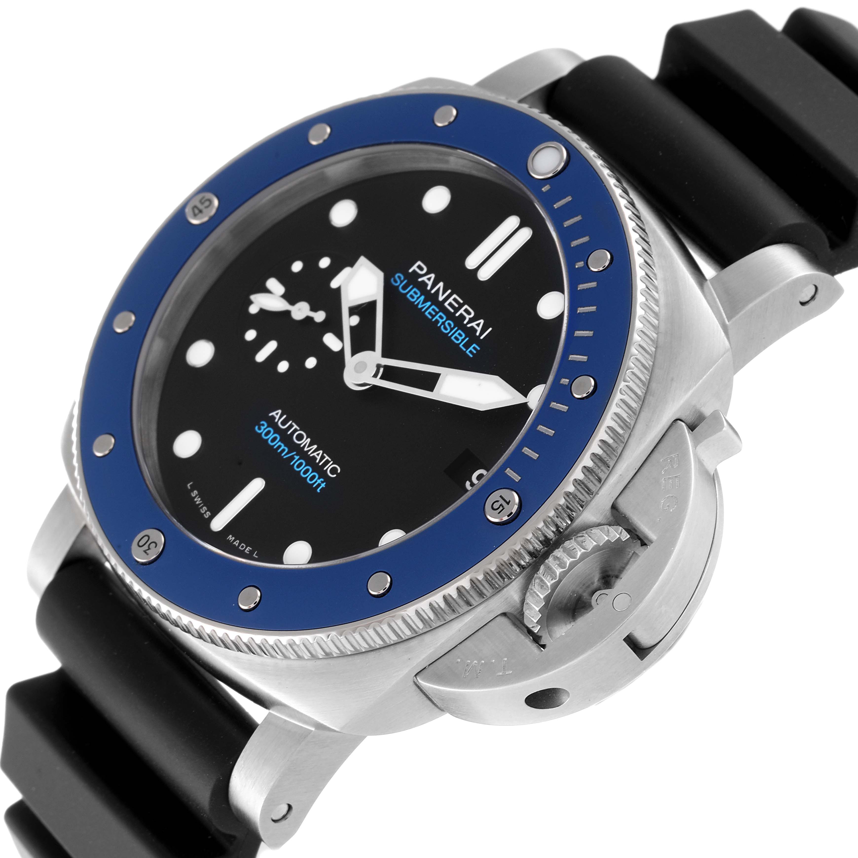 The image shows a Panerai Submersible PAM01209 Men's Stainless Steel Black Dial PAM01209 Men's Stainless Steel Black Dial watch, showcasing its face, bezel, crown guard, and part of the strap at an angled view.