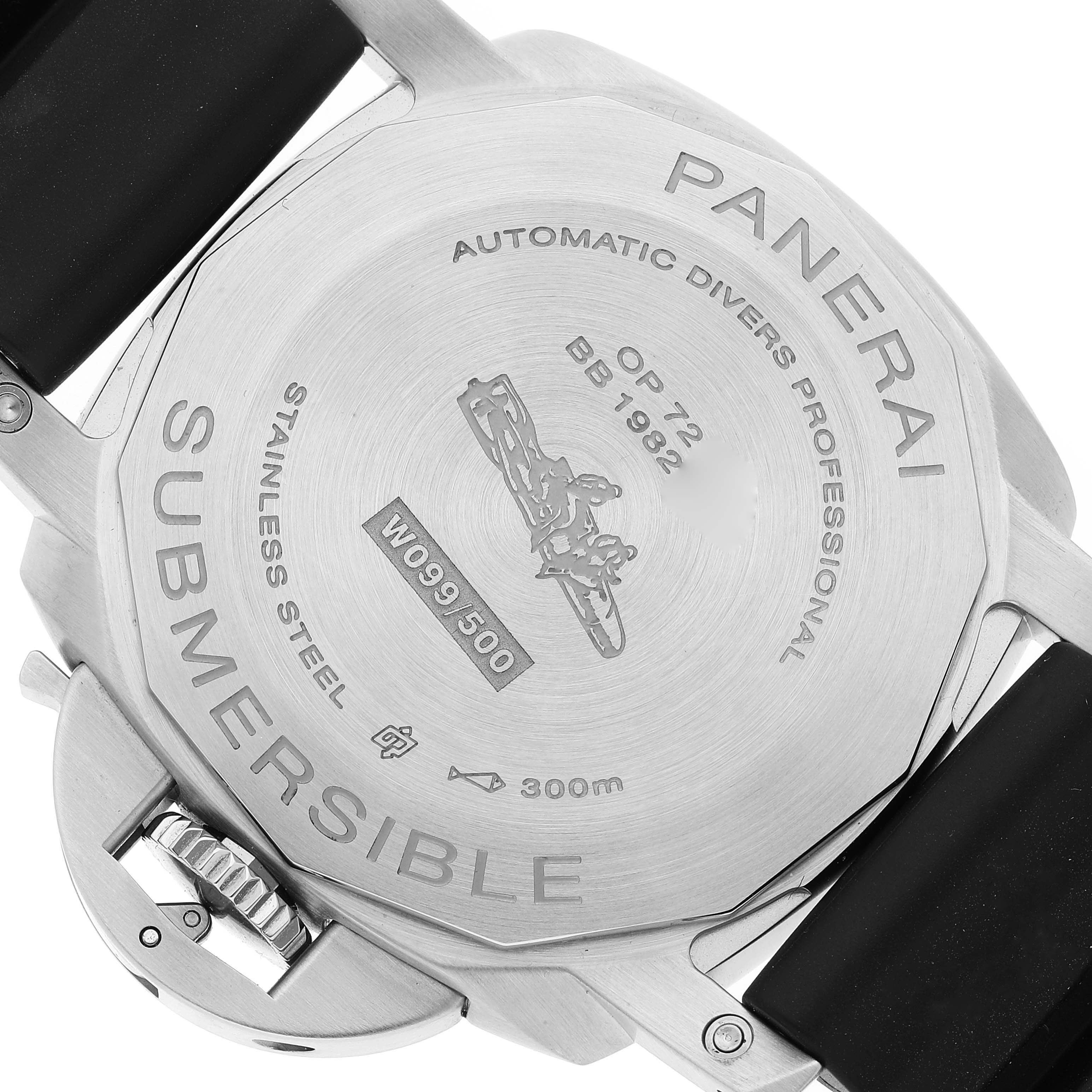The image shows the back case of a Panerai Submersible PAM01209 Men's Stainless Steel Black Dial PAM01209 Men's Stainless Steel Black Dial watch, highlighting its engravings and stainless steel material.