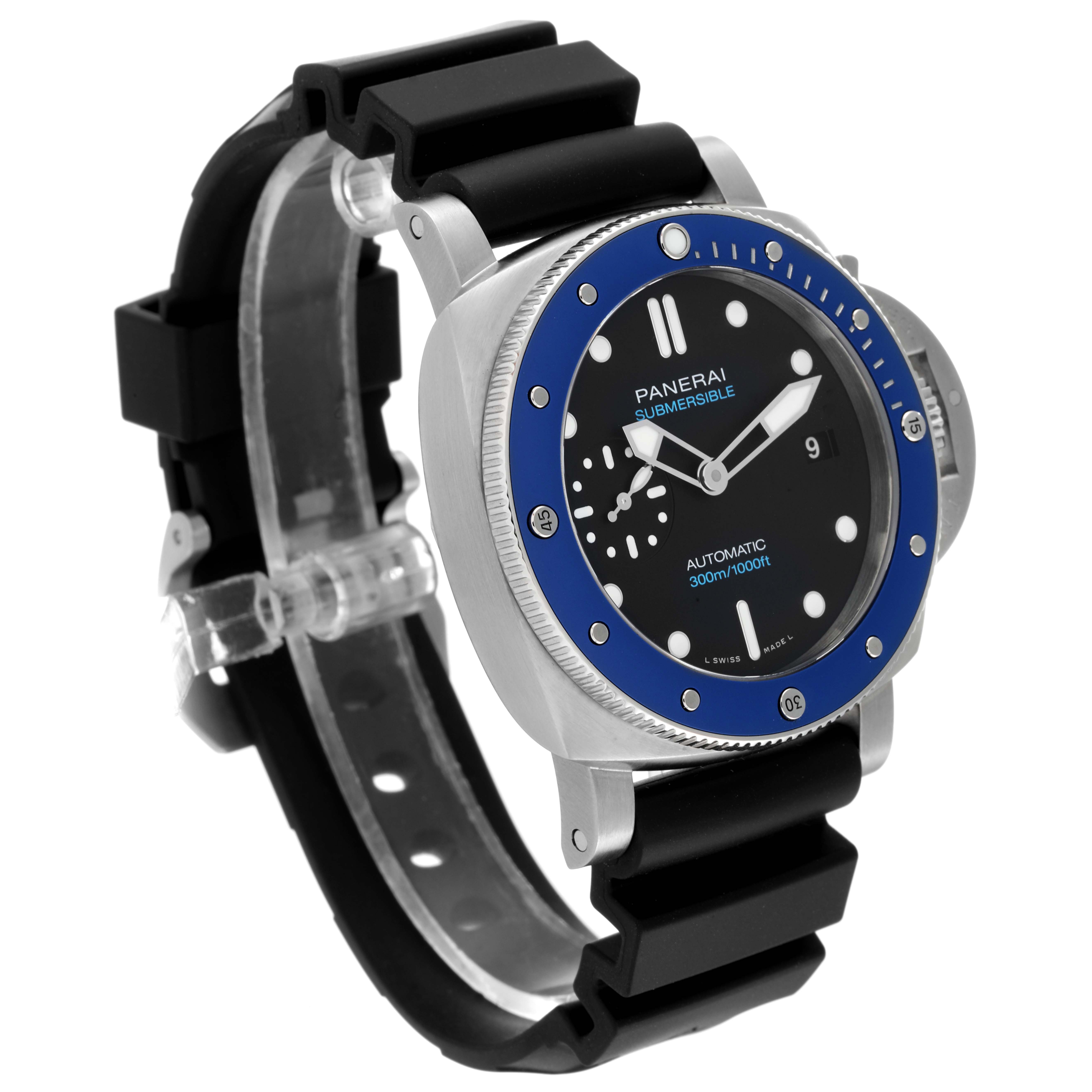 The image shows a side angle of the Panerai Submersible PAM01209 Men's Stainless Steel Black Dial PAM01209 Men's Stainless Steel Black Dial watch highlighting its face, bezel, case, and strap.