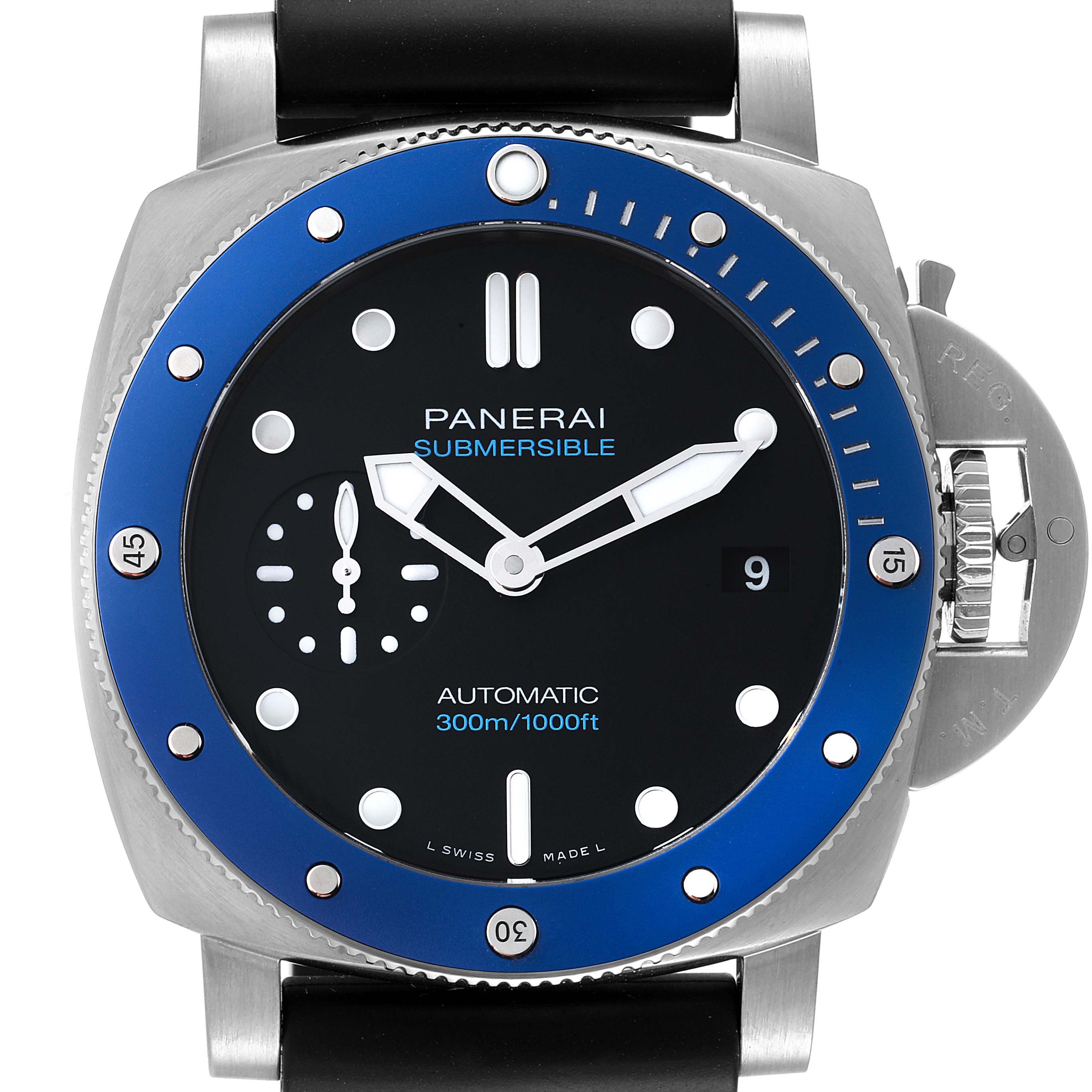 The Panerai Submersible PAM01209 Men's Stainless Steel Black Dial PAM01209 Men's Stainless Steel Black Dial watch is shown from a top-down angle, featuring its black dial, blue bezel, and crown guard.