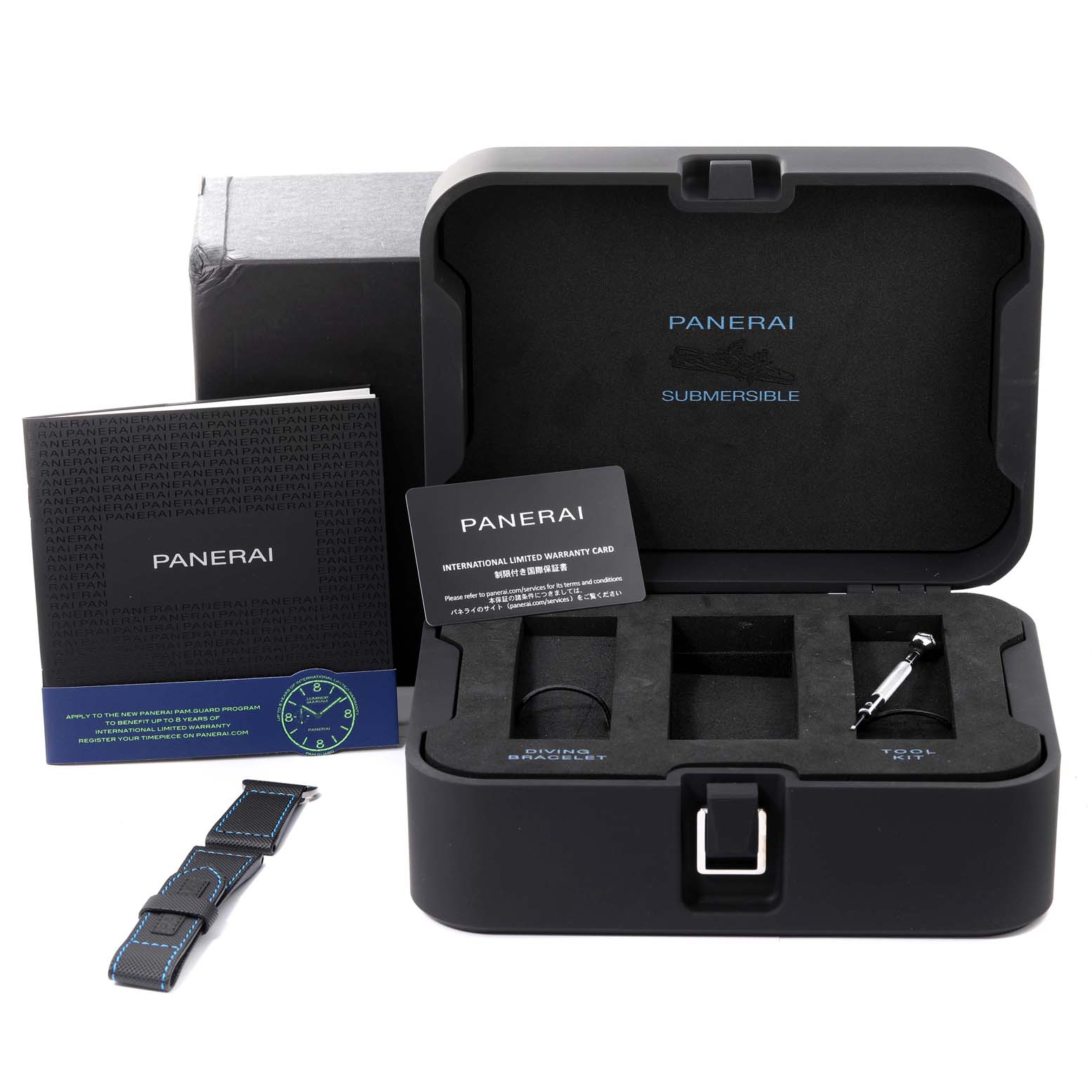The image shows a Panerai Submersible PAM01209 Men's Stainless Steel Black Dial PAM01209 Men's Stainless Steel Black Dial watch box set, including an extra strap, warranty card, tool, and user manual.