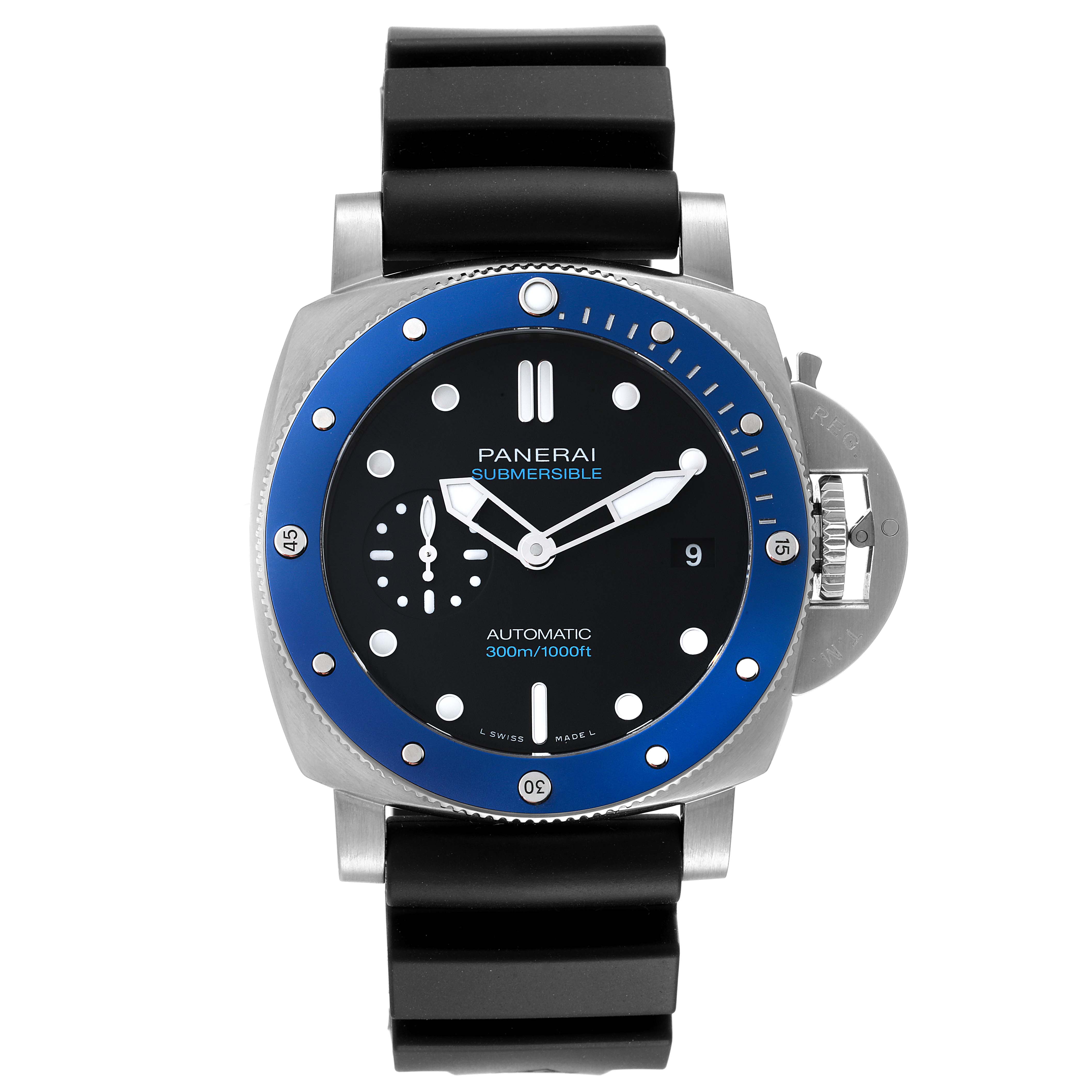 This image shows a front view of the Panerai Submersible PAM01209 Men's Stainless Steel Black Dial PAM01209 Men's Stainless Steel Black Dial watch, displaying its dial, bezel, crown, and strap.