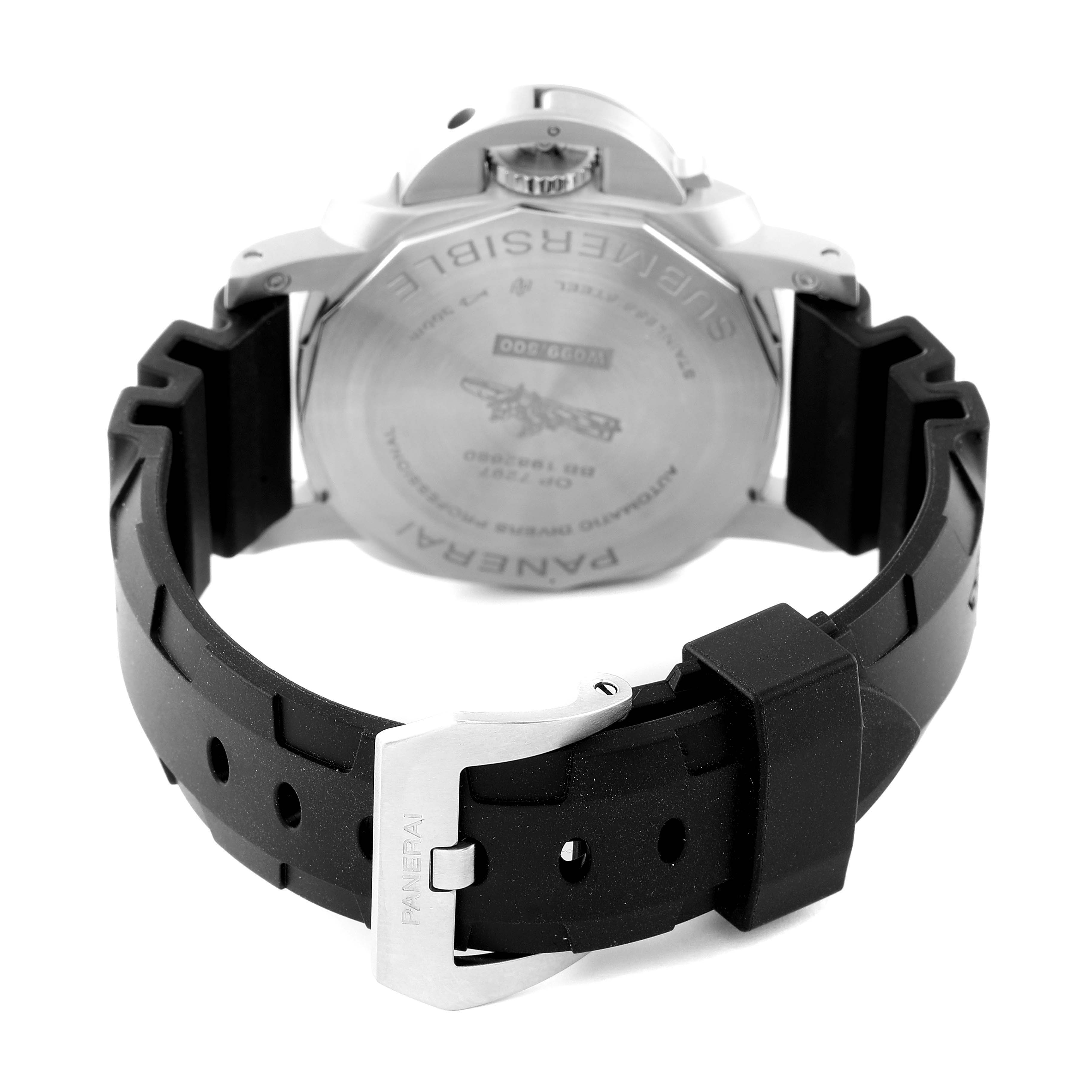The image shows the back view of a Panerai Submersible PAM01209 Men's Stainless Steel Black Dial PAM01209 Men's Stainless Steel Black Dial watch, displaying the rubber strap and clasp.