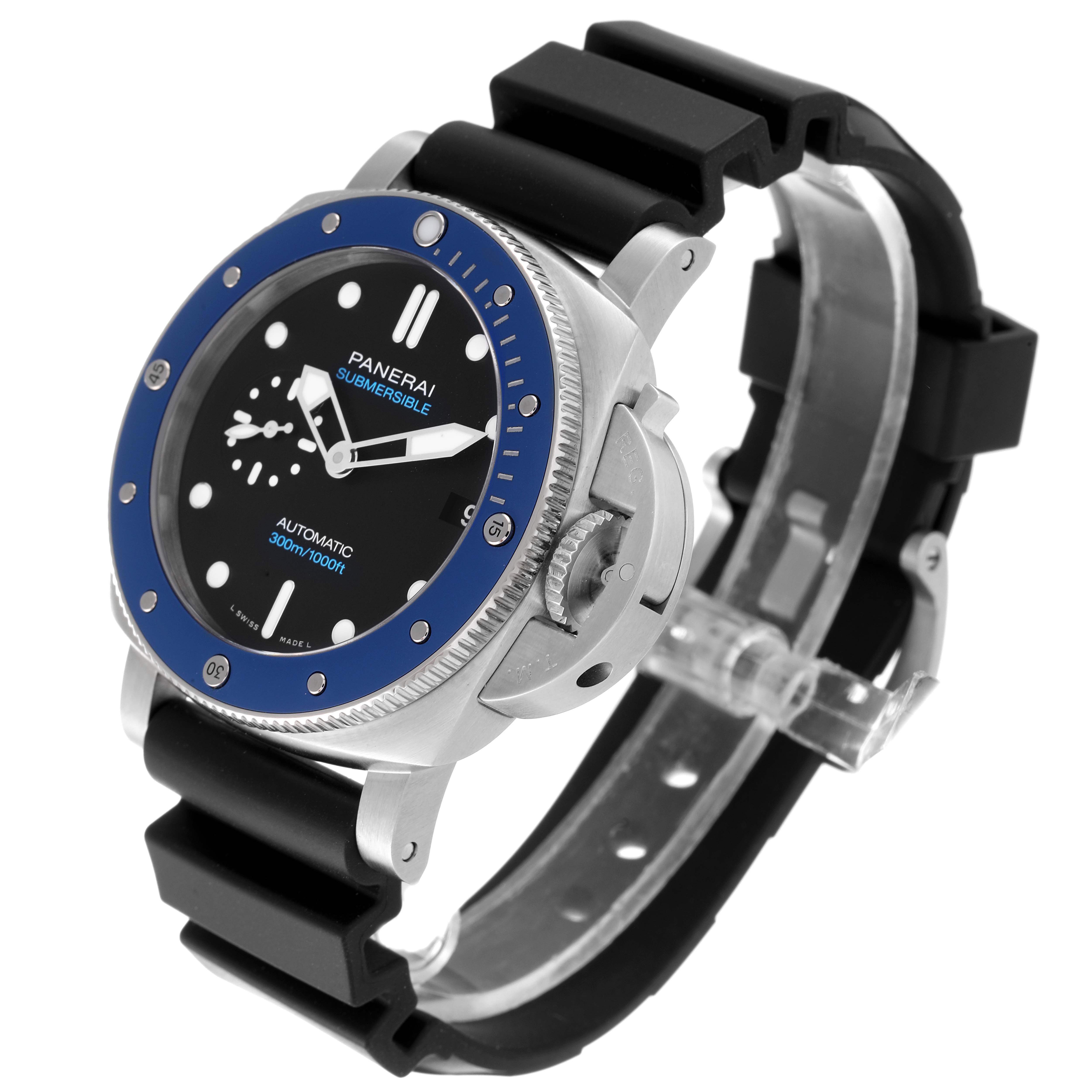 The image shows a Panerai Submersible PAM01209 Men's Stainless Steel Black Dial PAM01209 Men's Stainless Steel Black Dial watch from a 3/4 angle, highlighting the face, bezel, and strap.
