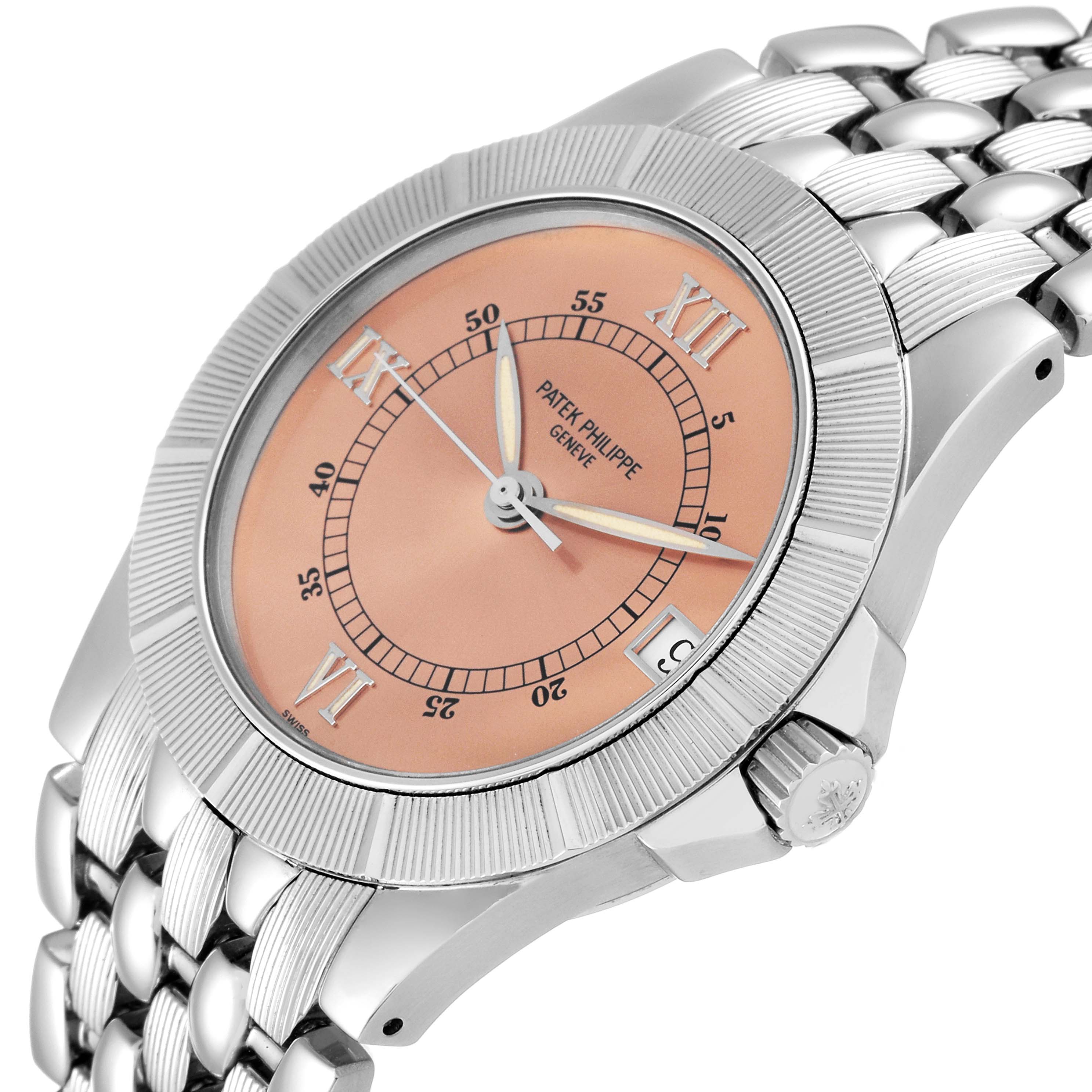 The image shows a close-up angle of the Patek Philippe Neptune 5080/001 Men's Stainless Steel Brown Dial 5080/001 Men's Stainless Steel Brown Dial model watch's dial, bezel, crown, and part of its bracelet.