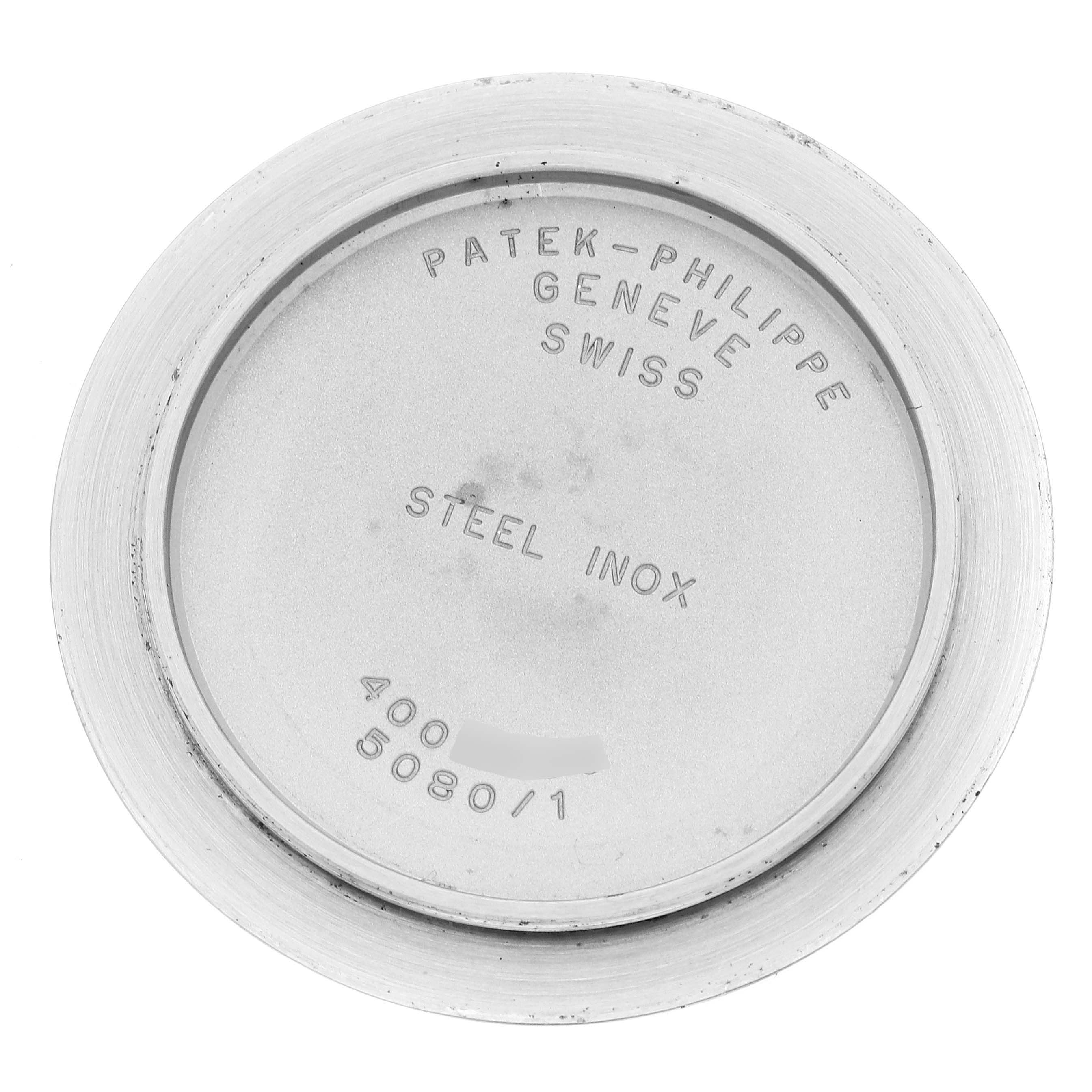 This image shows the inside case back of the Patek Philippe Neptune 5080/001 Men's Stainless Steel Brown Dial 5080/001 Men's Stainless Steel Brown Dial watch model.