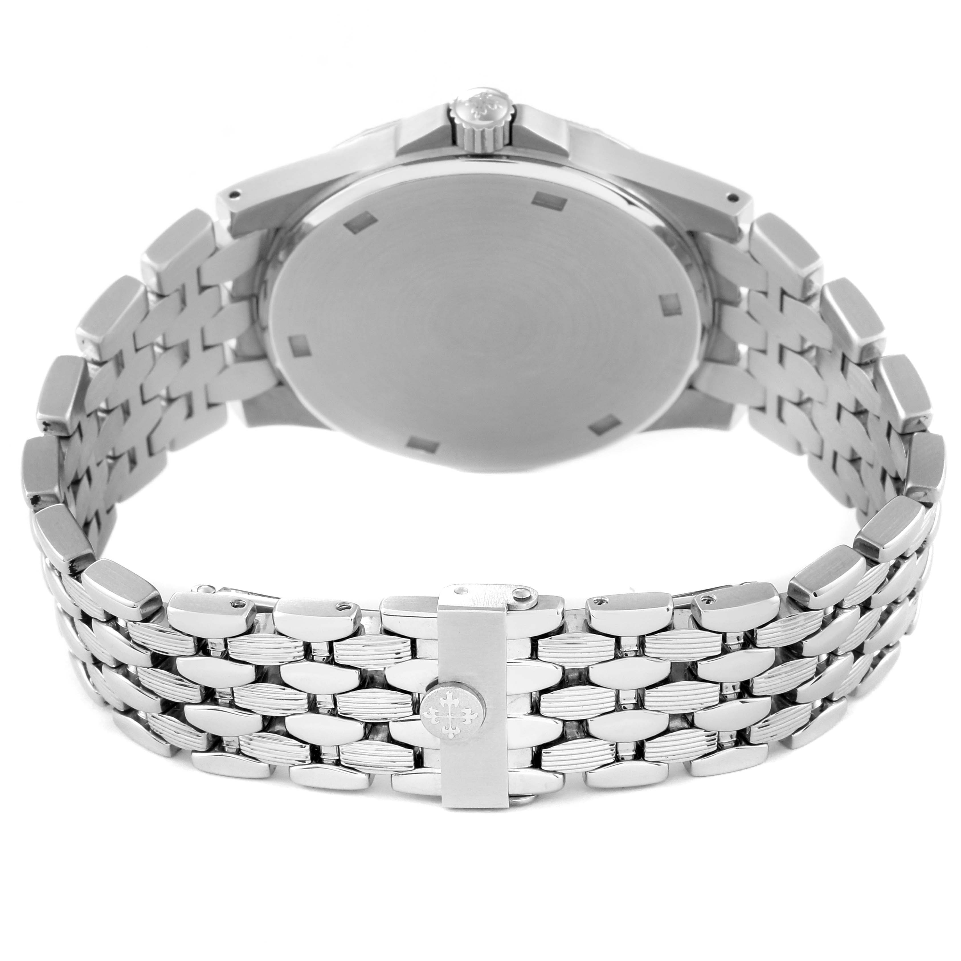 The image shows the back view of a Patek Philippe Neptune 5080/001 Men's Stainless Steel Brown Dial 5080/001 Men's Stainless Steel Brown Dial model watch, highlighting the case back and bracelet.