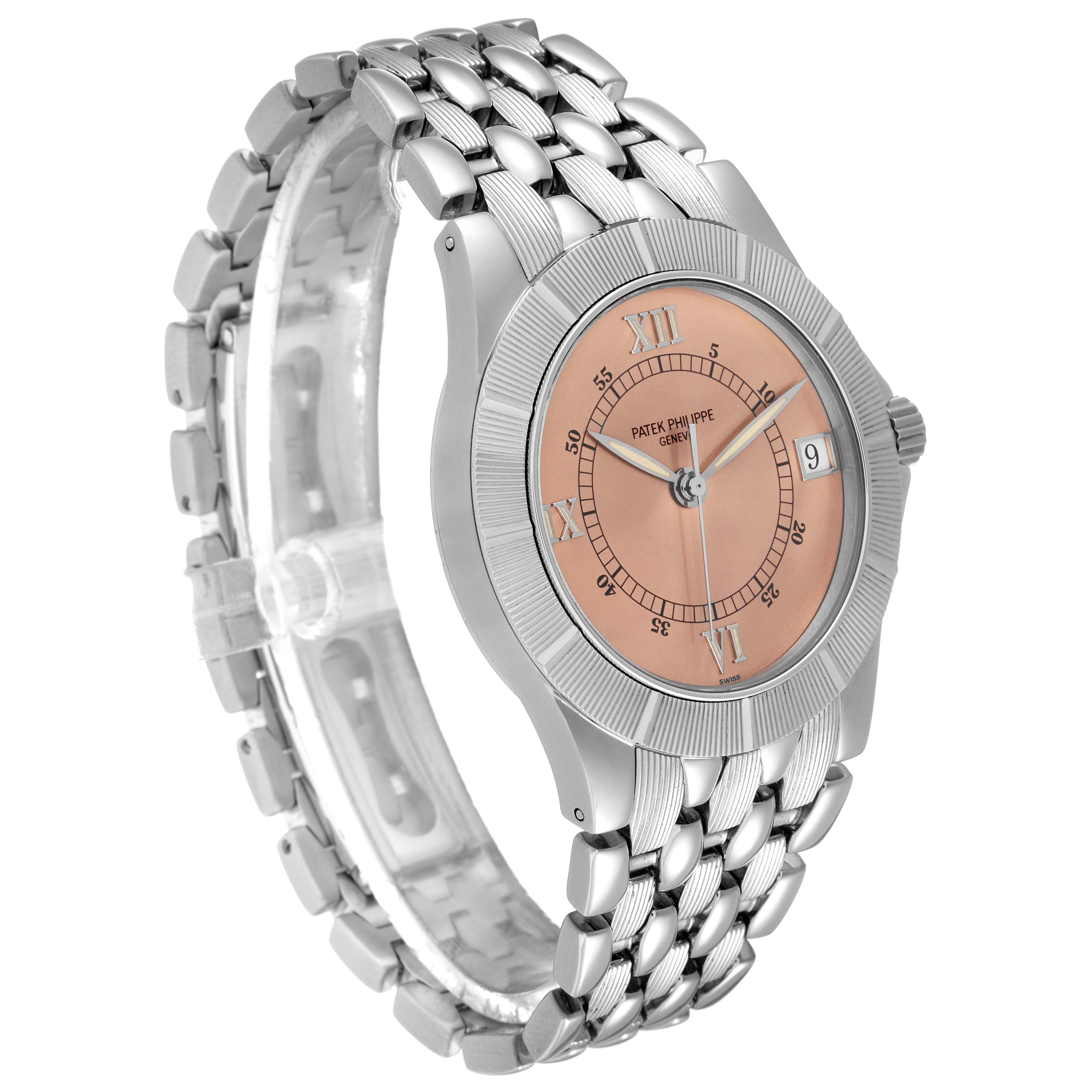 The Patek Philippe Neptune 5080/001 Men's Stainless Steel Brown Dial 5080/001 Men's Stainless Steel Brown Dial model watch is shown from a three-quarter angle, highlighting the bracelet, dial, and bezel.