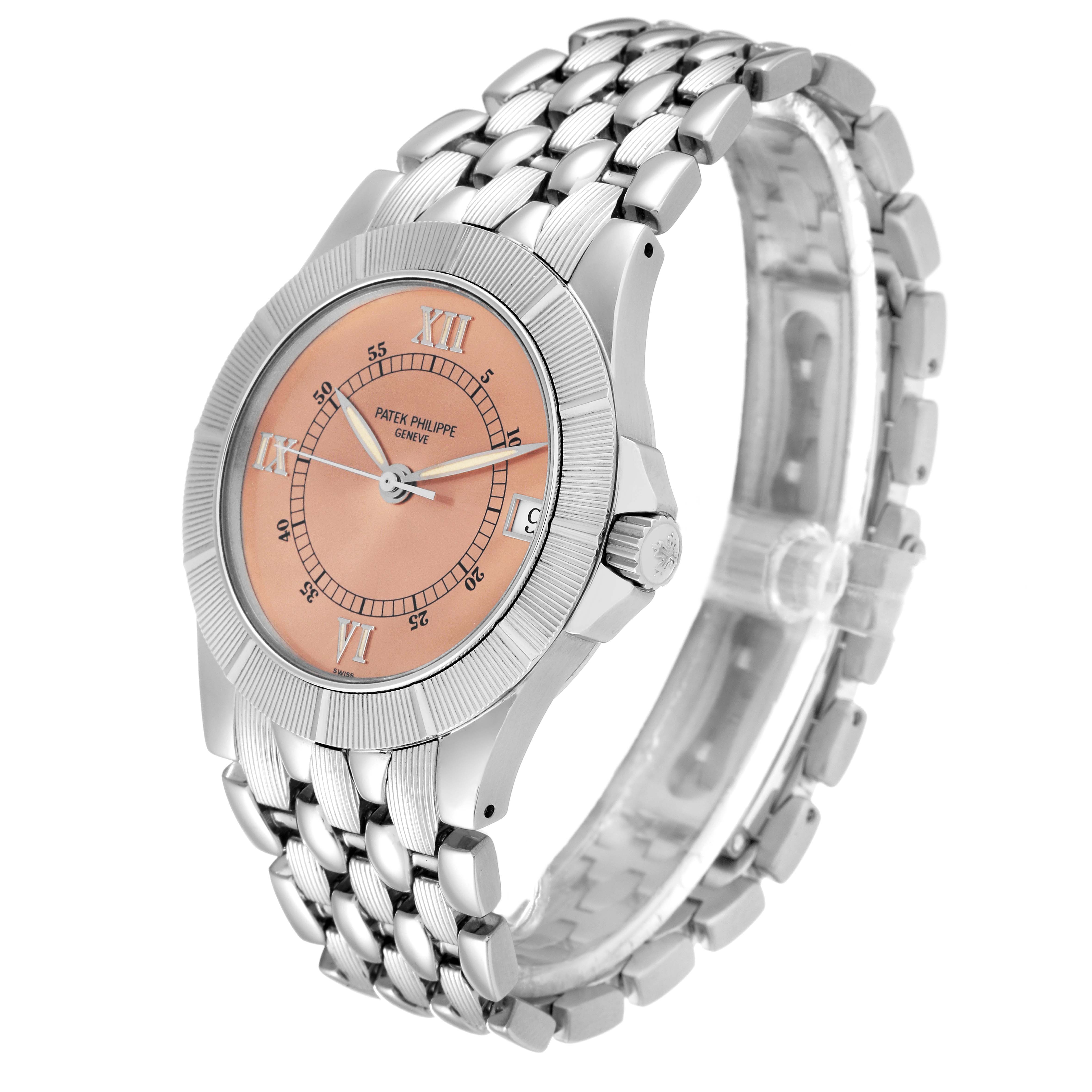 The image shows a Patek Philippe Neptune 5080/001 Men's Stainless Steel Brown Dial 5080/001 Men's Stainless Steel Brown Dial model watch from an angled perspective displaying its dial, case, and bracelet.