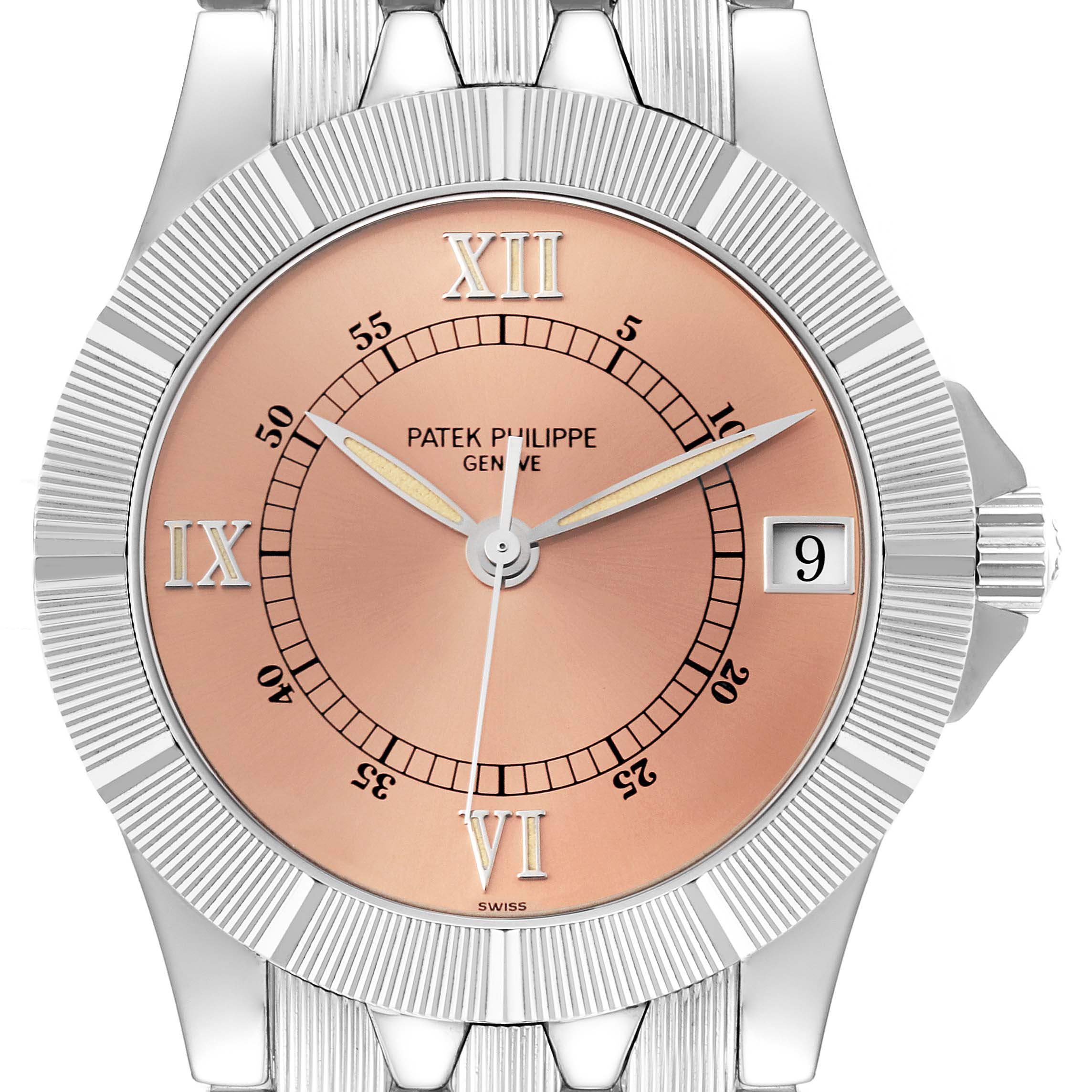 The image shows a frontal view of the Patek Philippe Neptune 5080/001 Men's Stainless Steel Brown Dial 5080/001 Men's Stainless Steel Brown Dial watch, highlighting its dial, bezel, and date window.