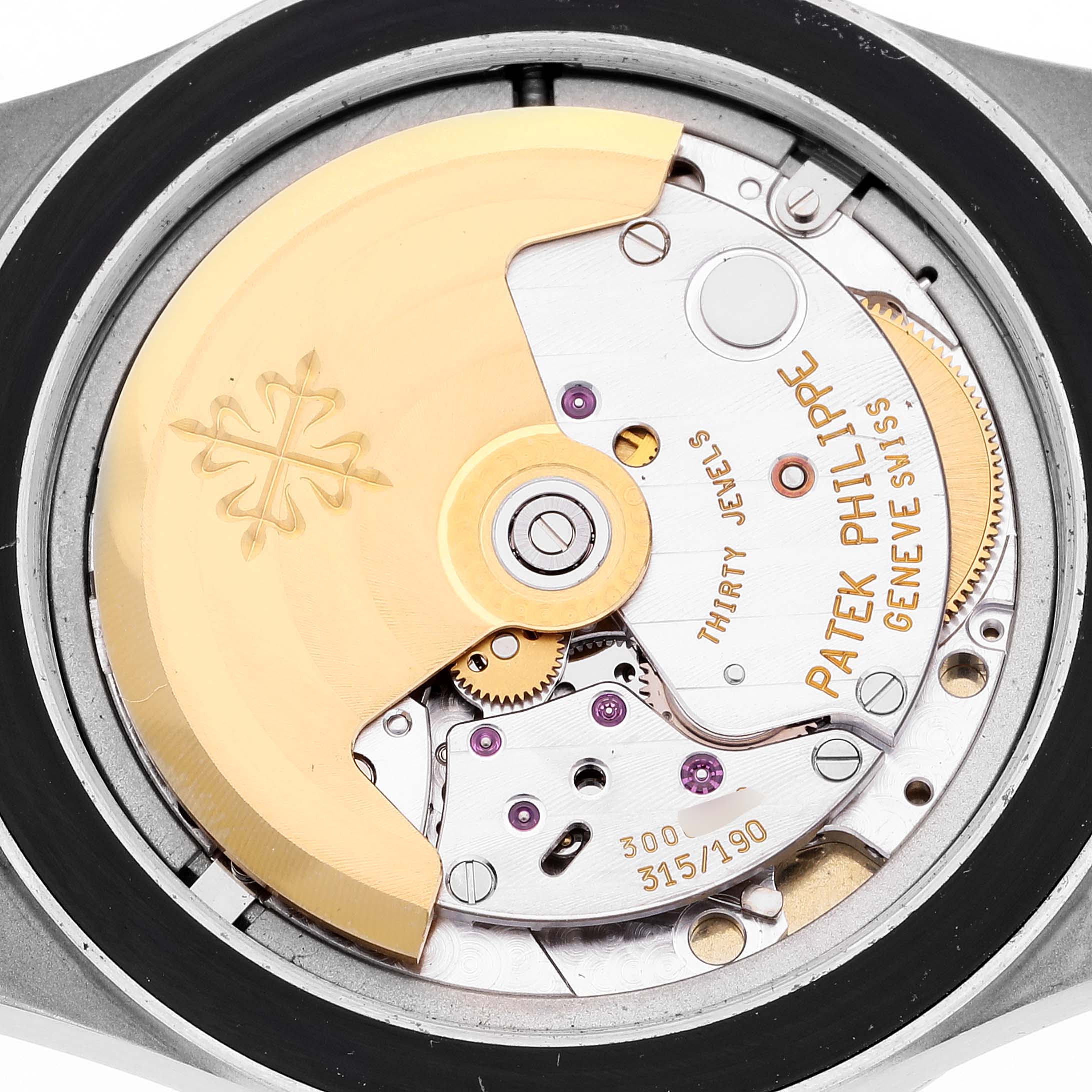 This image shows the movement of the Patek Philippe Neptune 5080/001 Men's Stainless Steel Brown Dial 5080/001 Men's Stainless Steel Brown Dial model from a top-down angle.