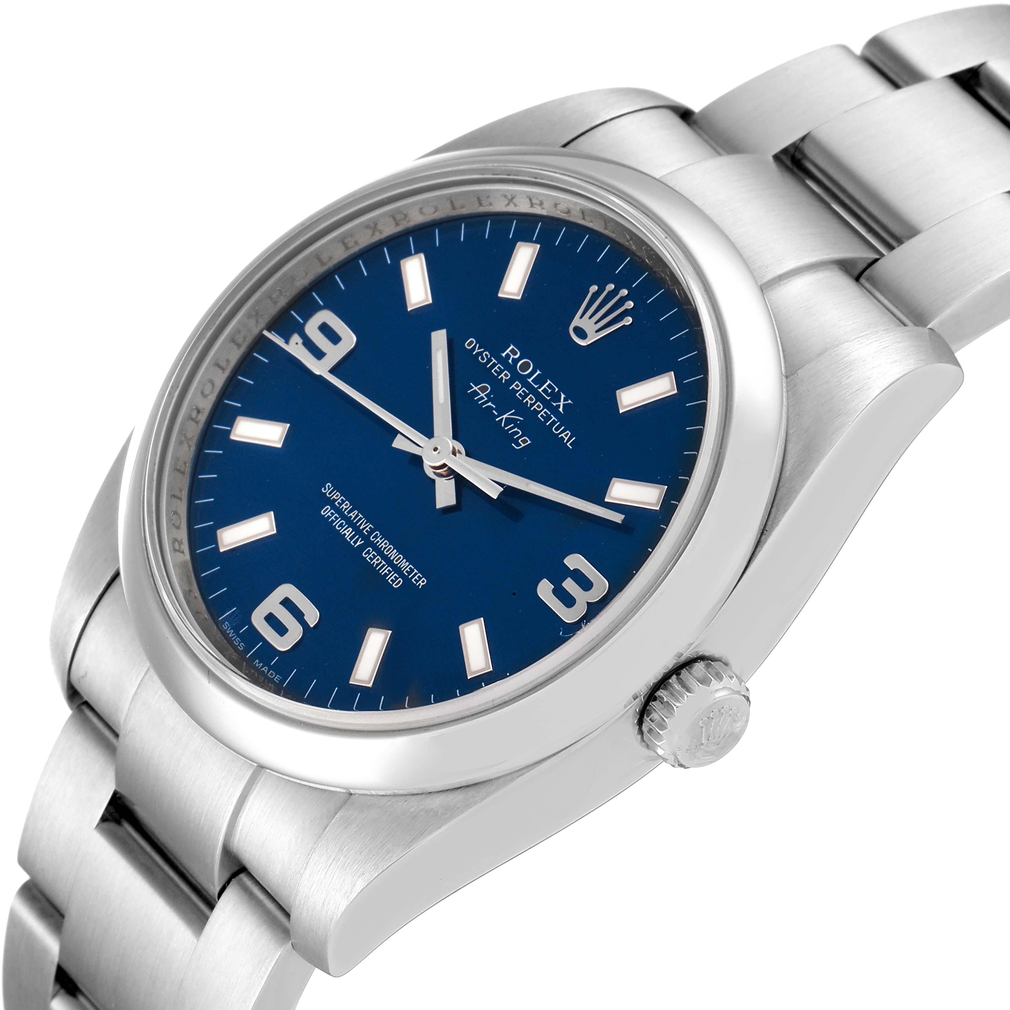 The image shows a Rolex Air-King 114200 Men's Stainless Steel Blue Dial 114200 Men's Stainless Steel Blue Dial watch from a tilted angle, highlighting the face, bezel, crown, and part of the bracelet.