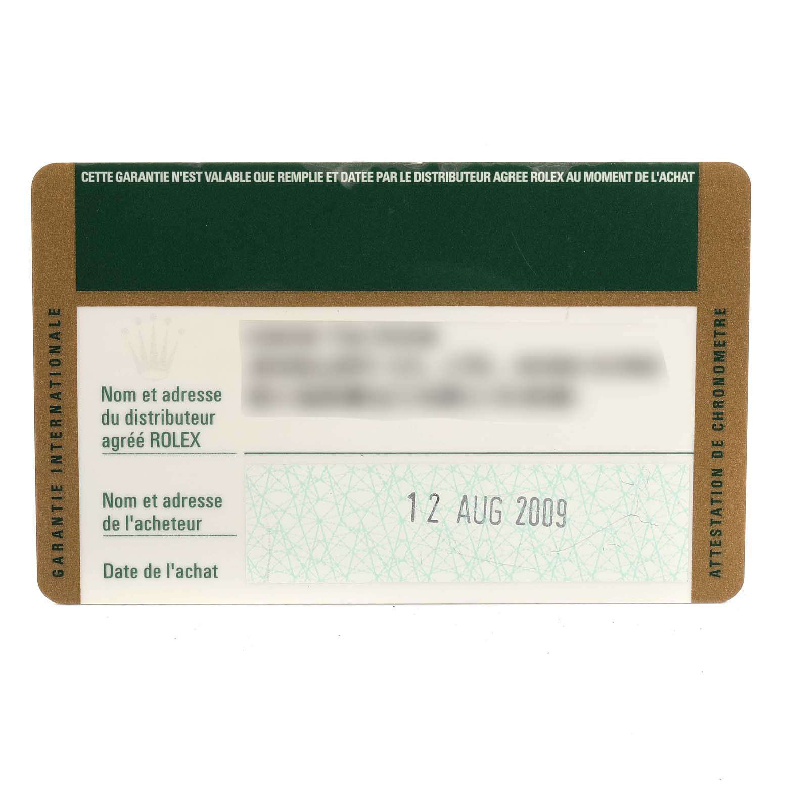 This image shows the warranty card for the Rolex Air-King 114200 Men's Stainless Steel Blue Dial 114200 Men's Stainless Steel Blue Dial watch, dated 12 August 2009.