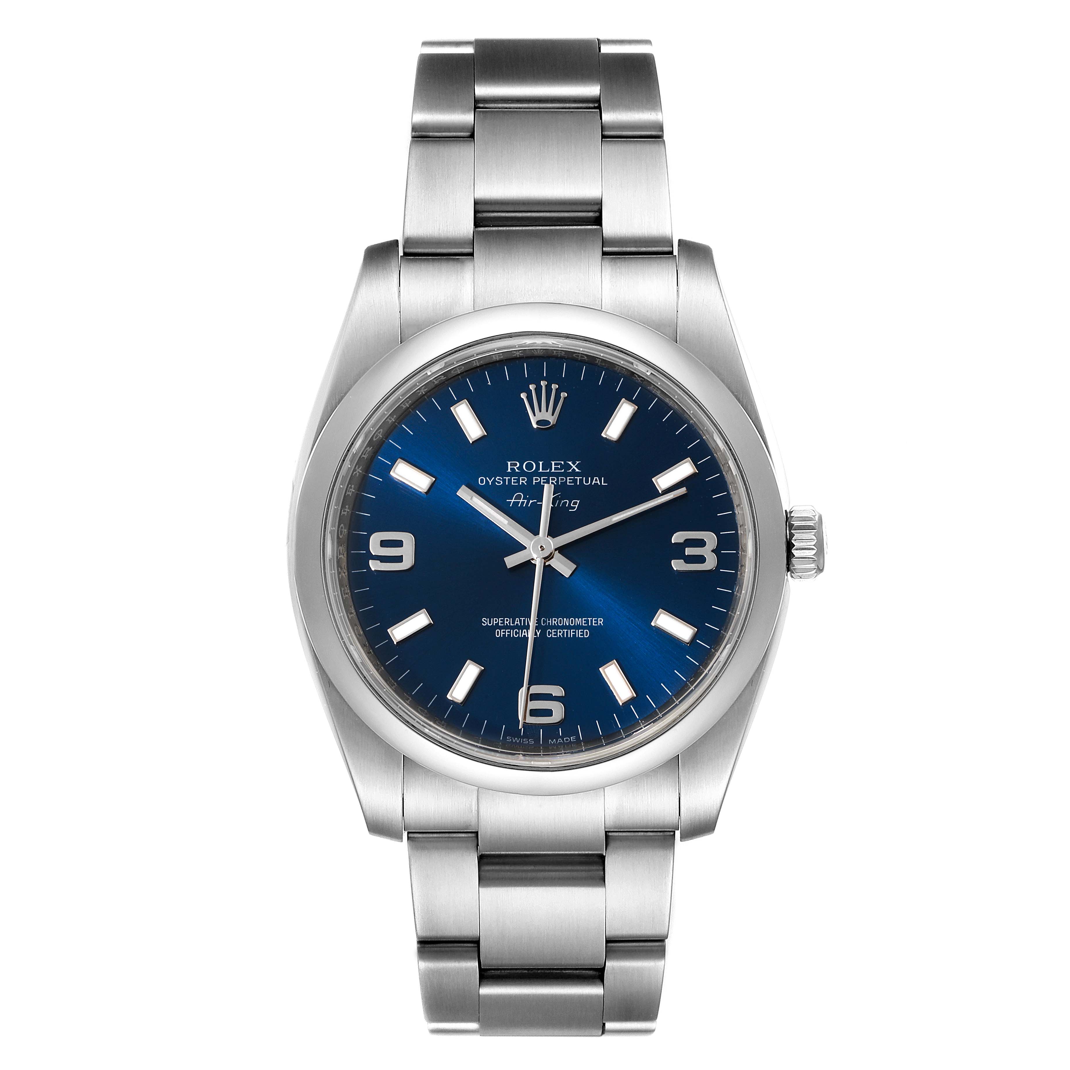This is a front view of the Rolex Air-King 114200 Men's Stainless Steel Blue Dial 114200 Men's Stainless Steel Blue Dial, showcasing its blue dial, hour markers, hands, crown, and bracelet.