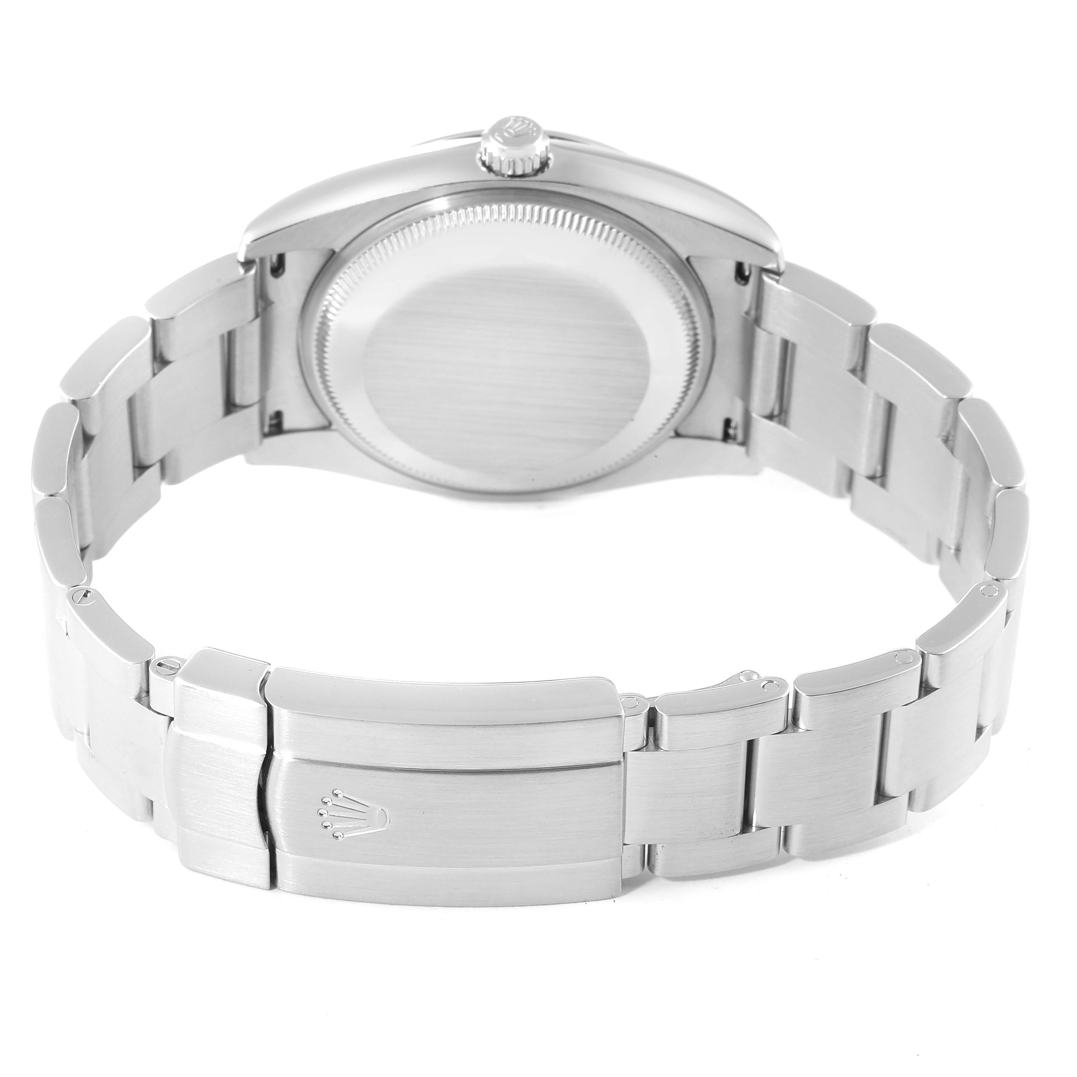 This image shows the back and bracelet clasp of a Rolex Air-King 114200 Men's Stainless Steel Blue Dial 114200 Men's Stainless Steel Blue Dial watch.