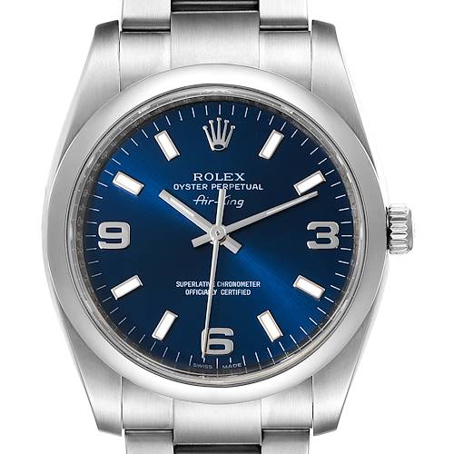 Photo of Rolex Air King 34 Blue Dial Smooth Bezel Unisex Watch 114200 Box Card