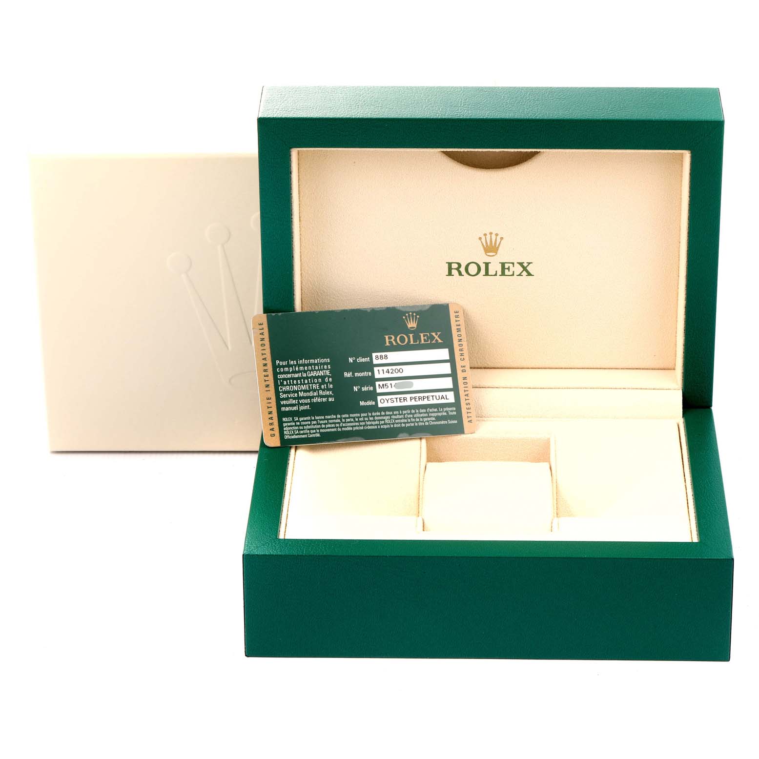 The image shows a Rolex Air-King 114200 Men's Stainless Steel Blue Dial 114200 Men's Stainless Steel Blue Dial watch box and authentication card, viewed from the front with the box open.