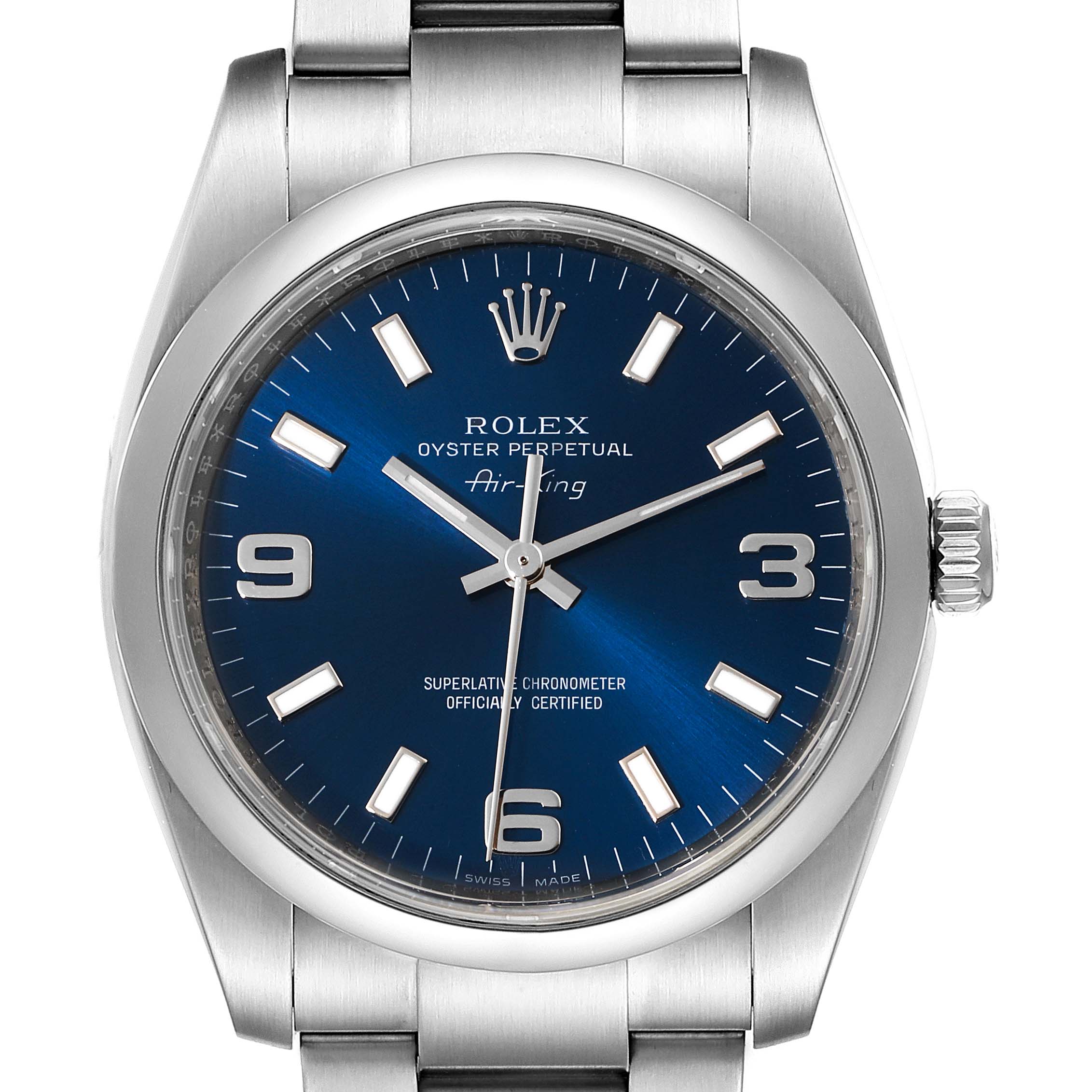 The image shows the face and partial bracelet of the Rolex Air-King 114200 Men's Stainless Steel Blue Dial 114200 Men's Stainless Steel Blue Dial watch with a blue dial.
