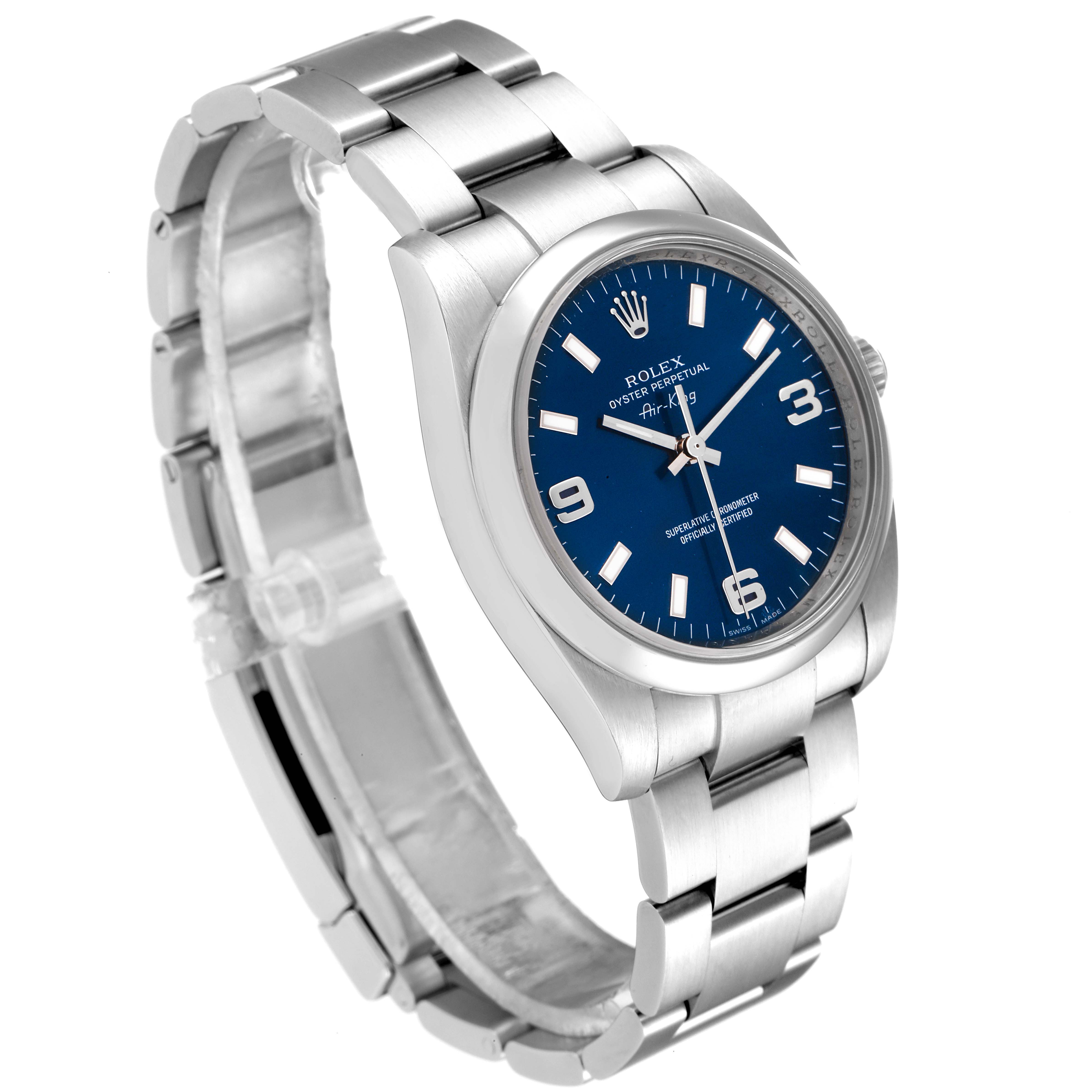 The Rolex Air-King 114200 Men's Stainless Steel Blue Dial 114200 Men's Stainless Steel Blue Dial watch is shown at an angle displaying the face, bezel, and bracelet in a side view.