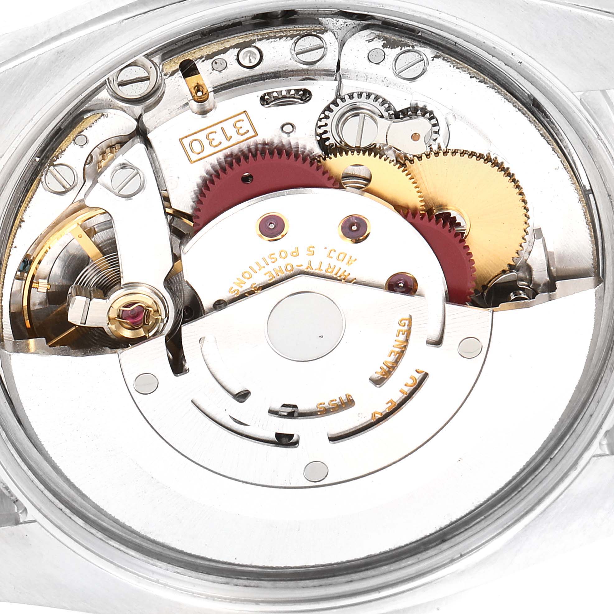 This image shows the mechanical movement and internal components of the Rolex Air-King 114200 Men's Stainless Steel Blue Dial 114200 Men's Stainless Steel Blue Dial watch from a close-up, top-down angle.