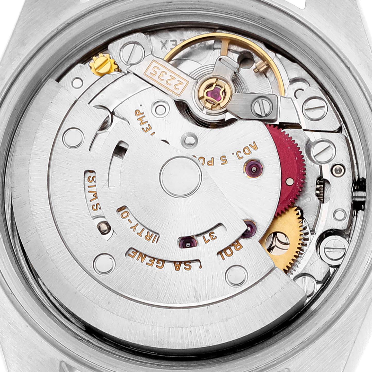 This image shows the internal movement mechanism of a Rolex Datejust 79160 Women's Stainless Steel White Dial 79160 Women's Stainless Steel White Dial watch from a rear angle.